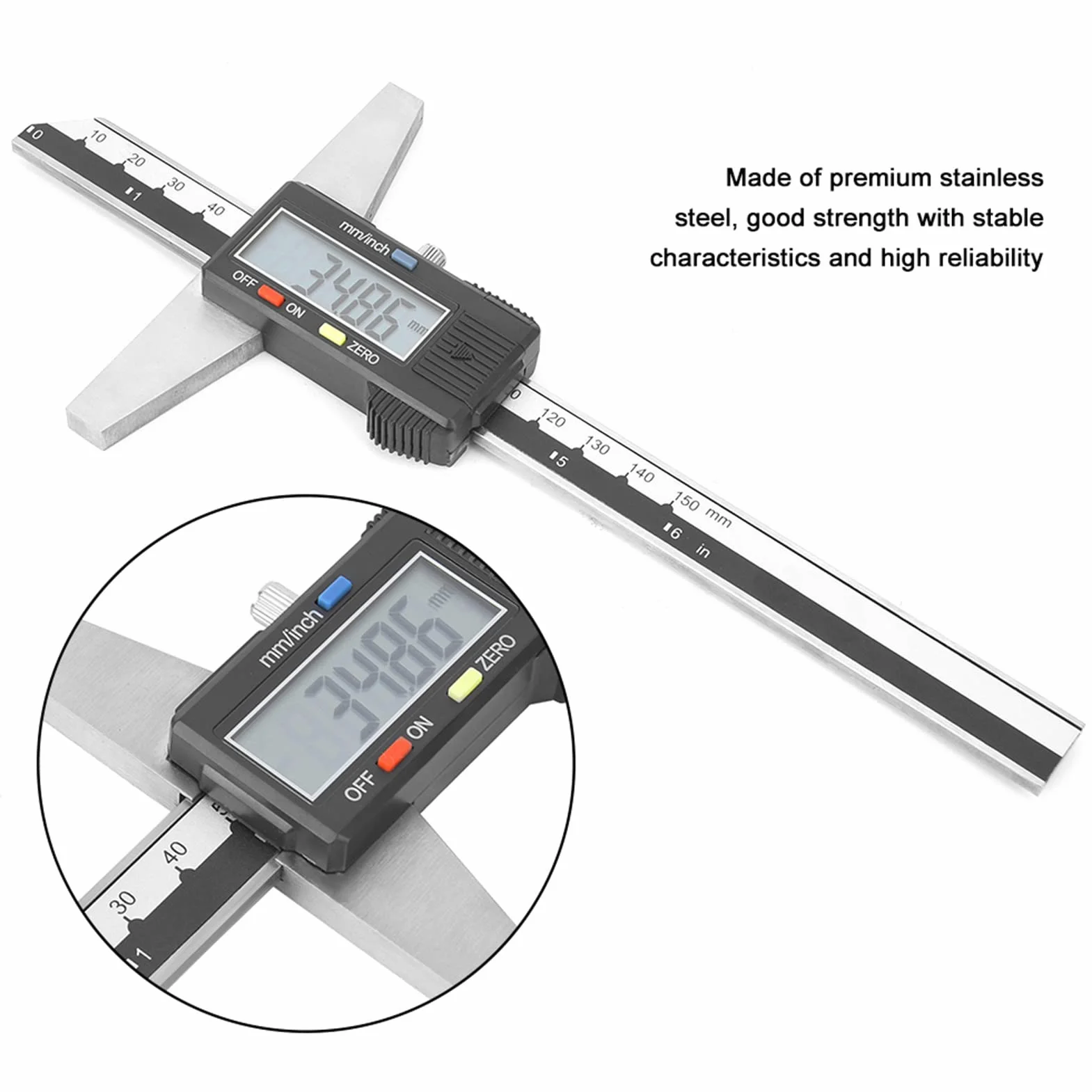 Elektronisches LCD Display Tiefenmesser Digitaler Tiefenmessschieber, Edelstahl Tiefenmessschieber Messwerkzeug, 0–150 Mm, 0,01 Mm, Unterstützt Metrische Zoll-Umrechnung