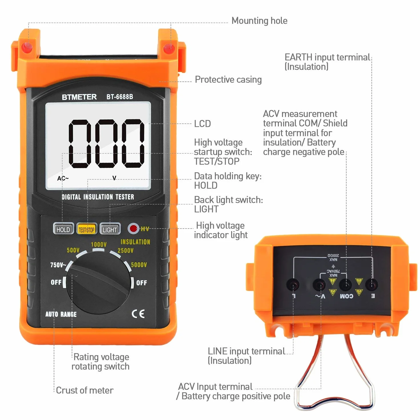 Megohmmeter Isolationsmessgerät Isolationswiderstand 6688B Auto Range Ohmmeter 1999 Counts LCD Display 500/1000/2500/5000V Spannung,1MΩ~200GΩ Widerstandsprüfung für Kabel Motoren