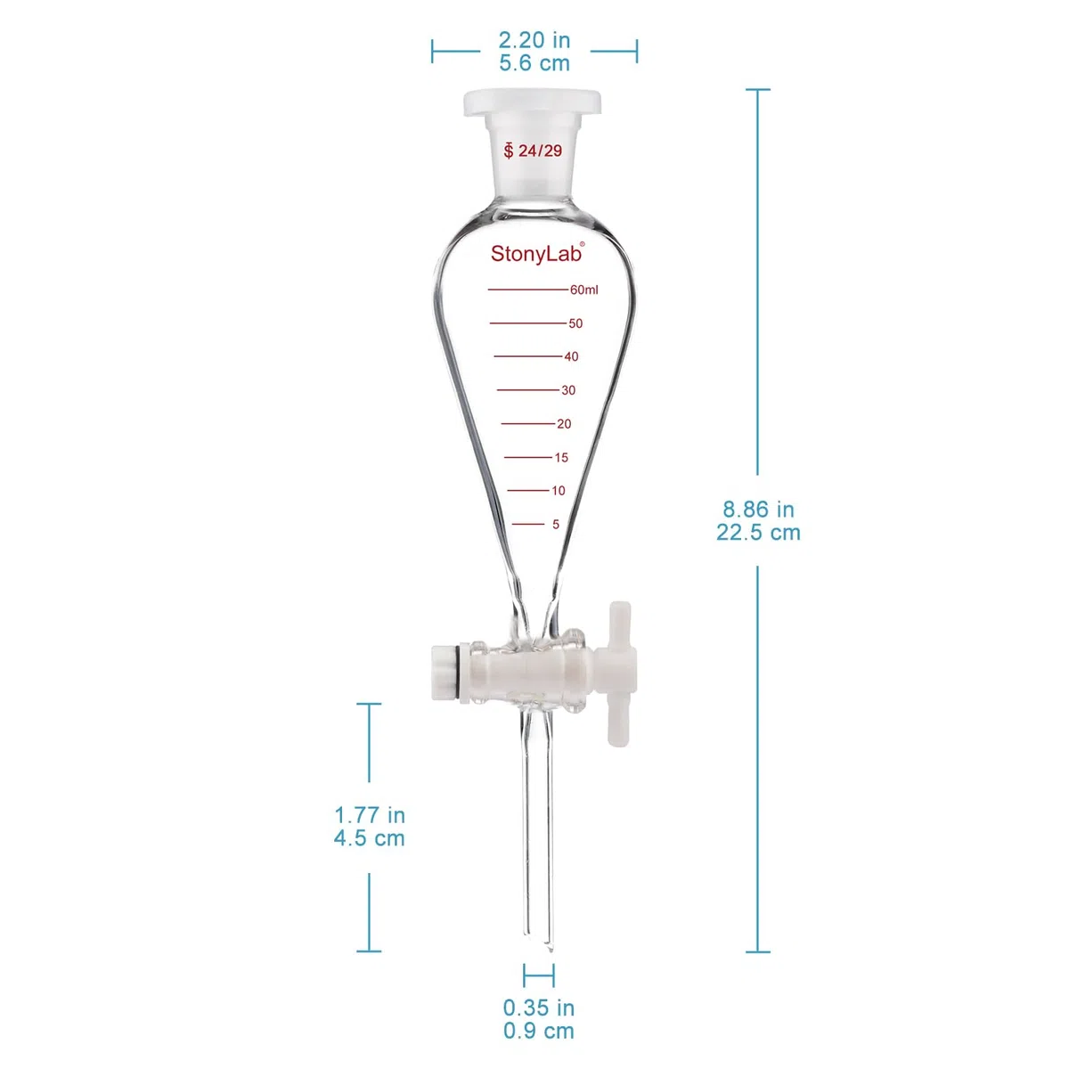 stonylab Messablauftrichter, Schwerwandig Birnenförmig Konisch aus Borosilikatglas mit PTFE-Hahn und Kunststoffstopfen, 60 ml