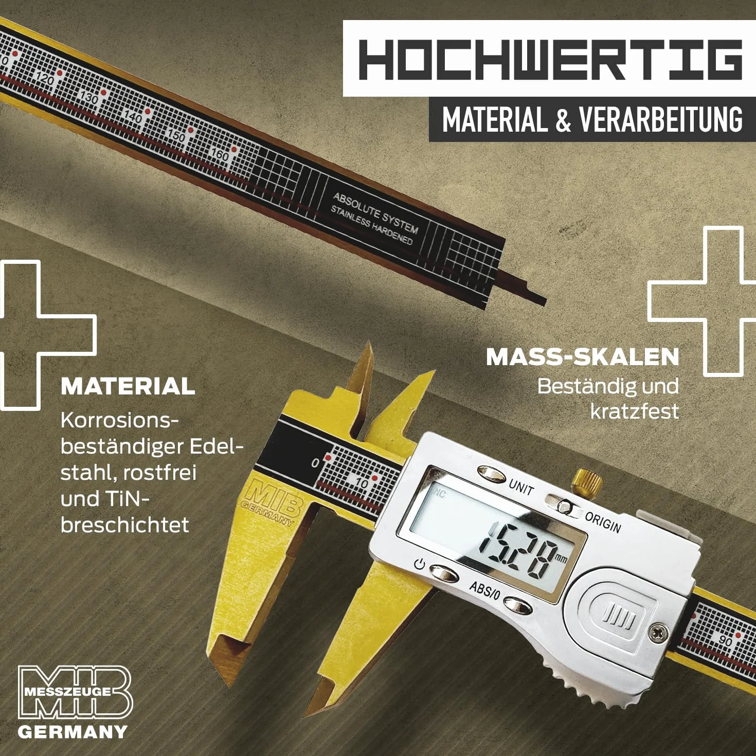 MIB Digitaler Messschieber mit Absolut-System & TiN-Beschichtung DIN 862 150mm | Präzisionsmessgerät | 4-fach Messung | Kalibrierung | Digitalwerkzeug Set mit 3V Batterie & Kunststoffbox