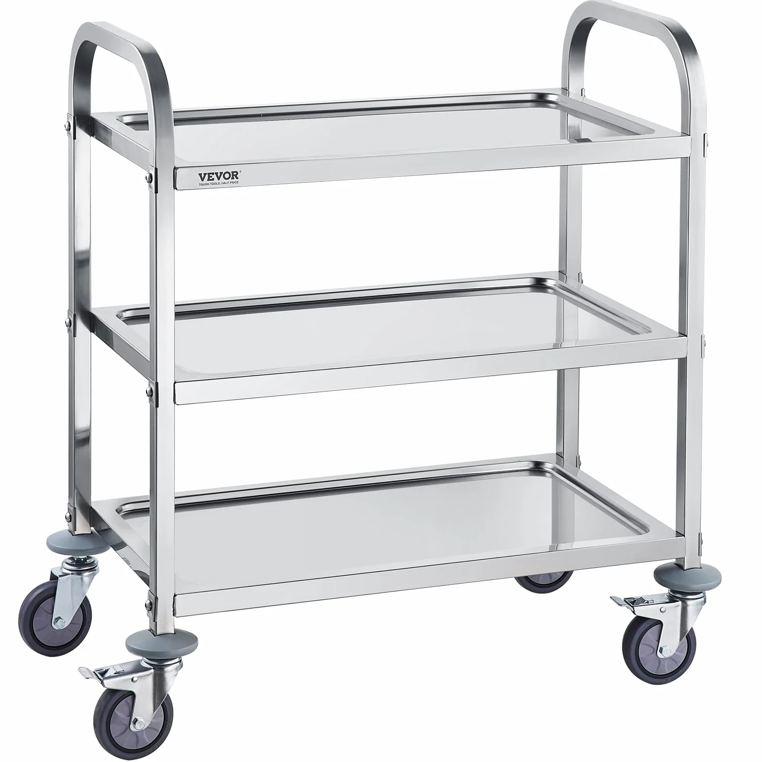 VEVOR Laborwagen Gerätewagen Medizintechnik Servierwagen 201 Edelstahl Tragbar Abräumwagen 100 kg Tragfähigkeit, 740 x 396 x 860 mm Labor Rollwagen Medical Trolley Dreifach-Design Silber