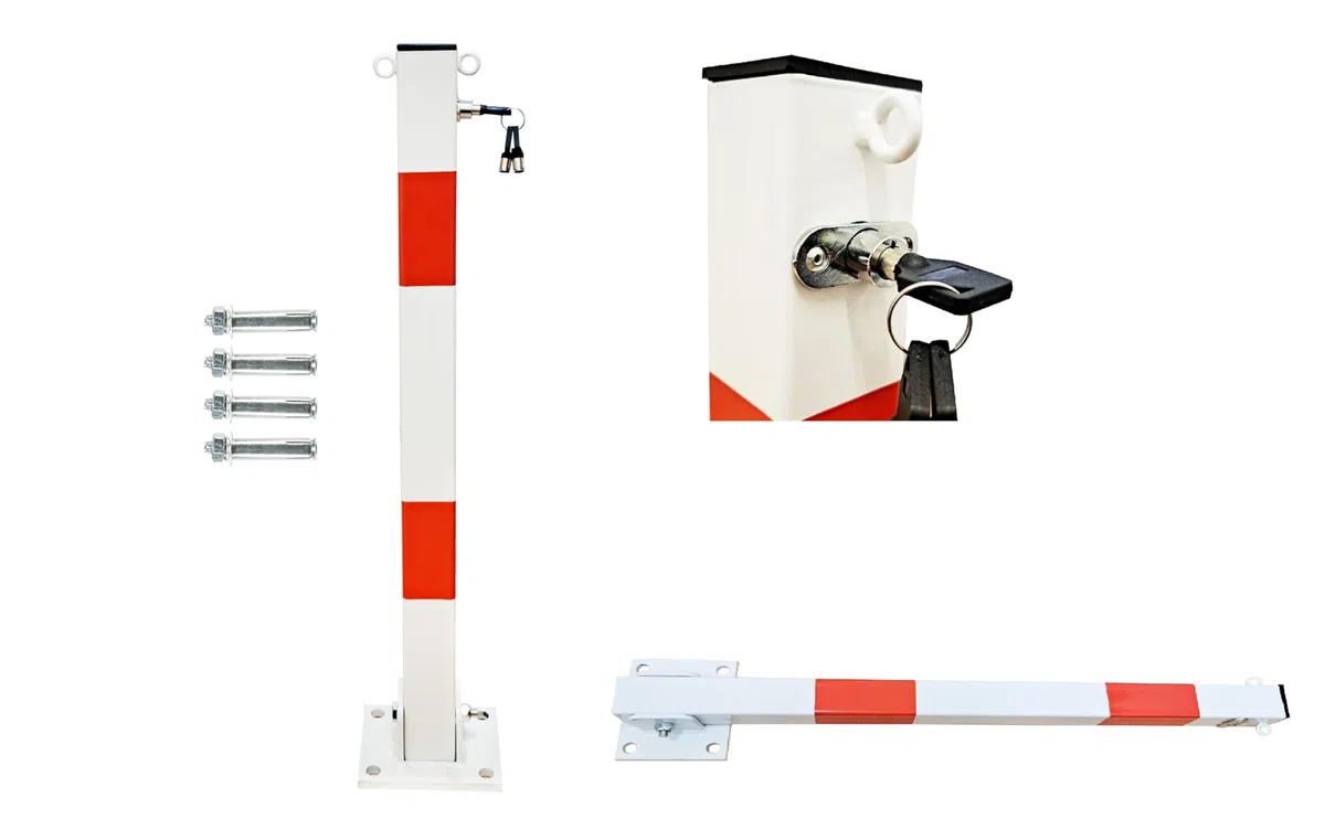 Marwotec Absperrpfosten aus Metall Klappbare Parkplatzsperre mit 2 Kettenösen, Reflektionsstreifen & 3 Schlüsseln Gesamthöhe 70 cm