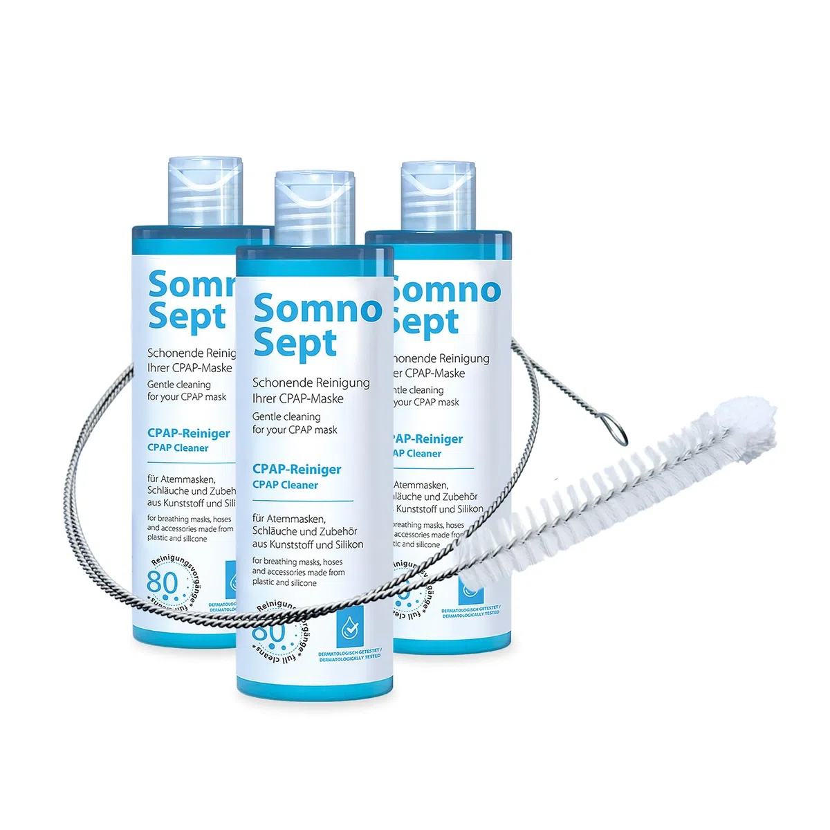 CPAP-Reinigungspaket SomnoSept – 3x CPAP-Reiniger SomnoSept 400 ml UND 1x oxyhero brush Edelstahl CPAP-Schlauchbürste 120 cm, 15 mm Durchmesser – Gründliche Reinigung von CPAP-Maske und CPAP-Schlauch