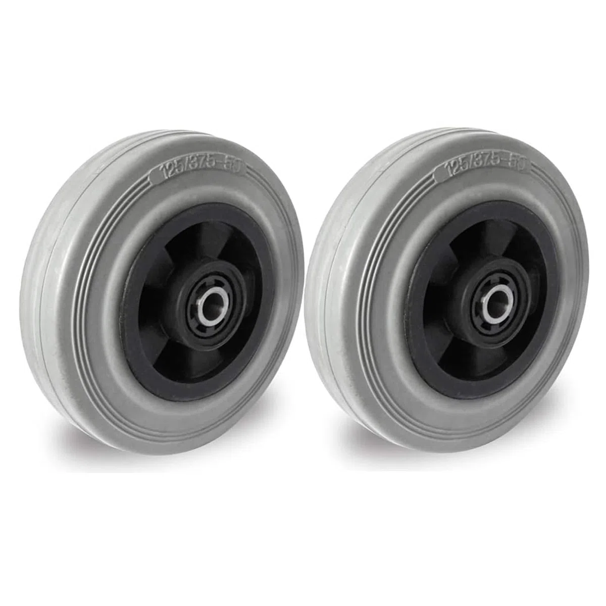 4er Set Rad 125 mm Gummi grau spurlos – Ersatzrad mit Rollenlager & Achszubehör M10 – 100 kg Traglast pro Rad – Bodenschonende Transportrollen für Rollwagen & Möbel