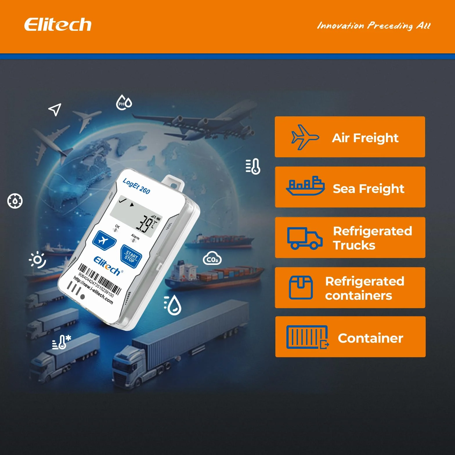 Elitech 4G LTE Echtzeit Temperatur Datenlogger für Feuchte/Licht/Erschütterung/Ortung mit SIM-Karte, Flugmodus, Cloud-Speicher, SMS/E-Mail/APP-Alarm, 100.000 Datenpunkte Loget260THE