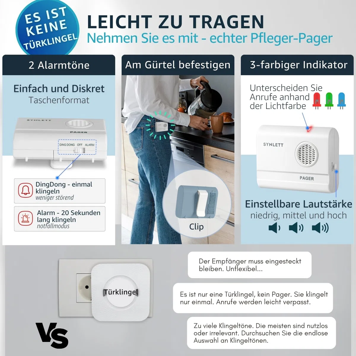Pflege Pager mit 3 Rufknöpfen Notrufsystem für Senioren Patienten und Demenzbetreuung Zuverlässige Hilfe auf Knopfdruck zu Hause