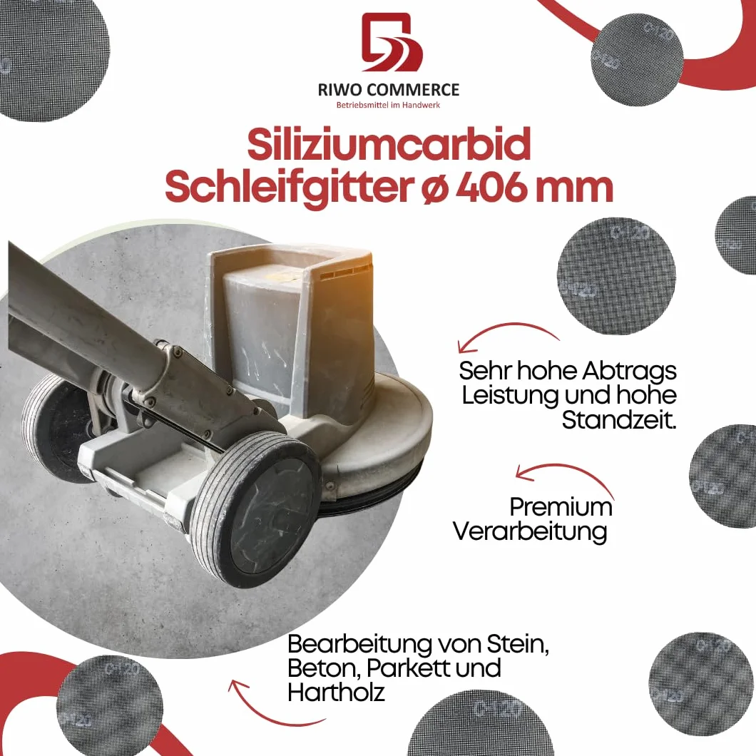 20 Stk. Gitterschleifscheiben für Einscheibenschleifmaschine mit Ø 406 mm Treibteller. Doppelseitig verwendbare Schleifgitter Siliziumkarbid, ideal für Holz, Stein, Beton und Estrich. Körnung 40