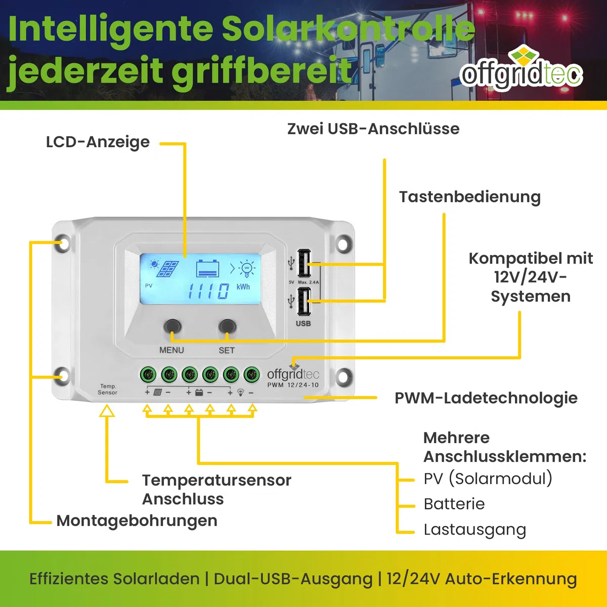 Offgridtec® PWM Pro Laderegler 12V/24V 10A USB