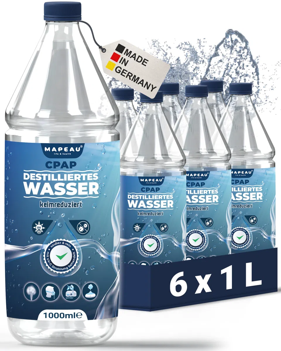 Mapeau CPAP Wasser 6 L für Sauerstoff-Geräte, CPAP Befeuchter Geräte, Inhalationsgerät, destilliertes Wasser keimreduziert für Luftbefeuchter (6x 1 Liter)