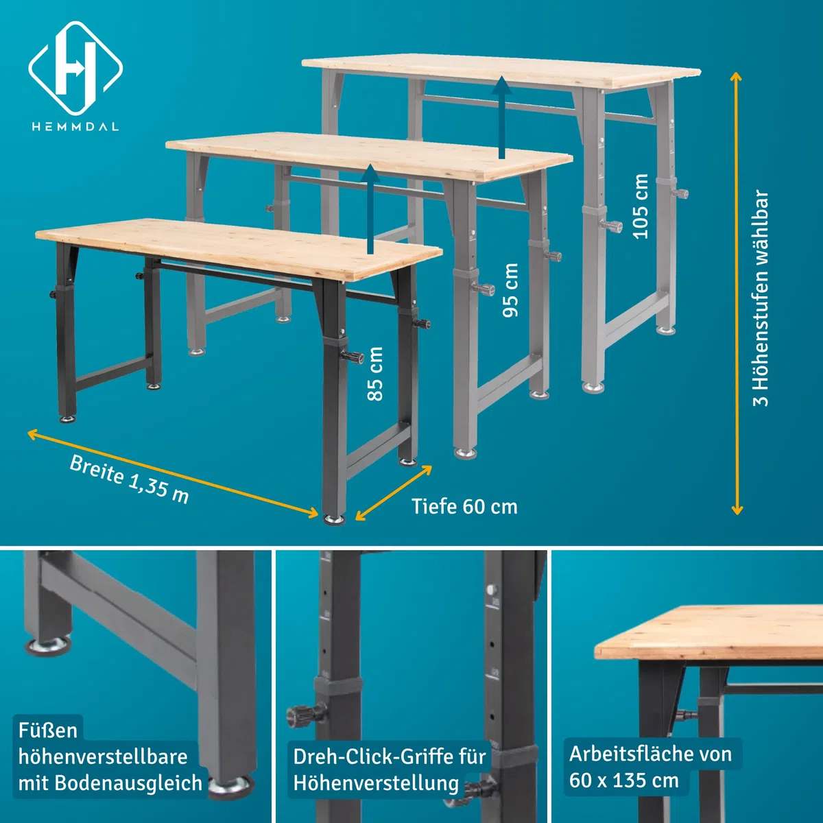 HEMMDAL Werkbank | 200 kg Tragkraft | HxBxT 105 x 135 x 60 cm | 3,5 cm Starke geölte Holzplatte | höhenverstellbar | hochrobust aus pulverbeschichtetem Stahl | Profi-Arbeitstisch | Werktisch