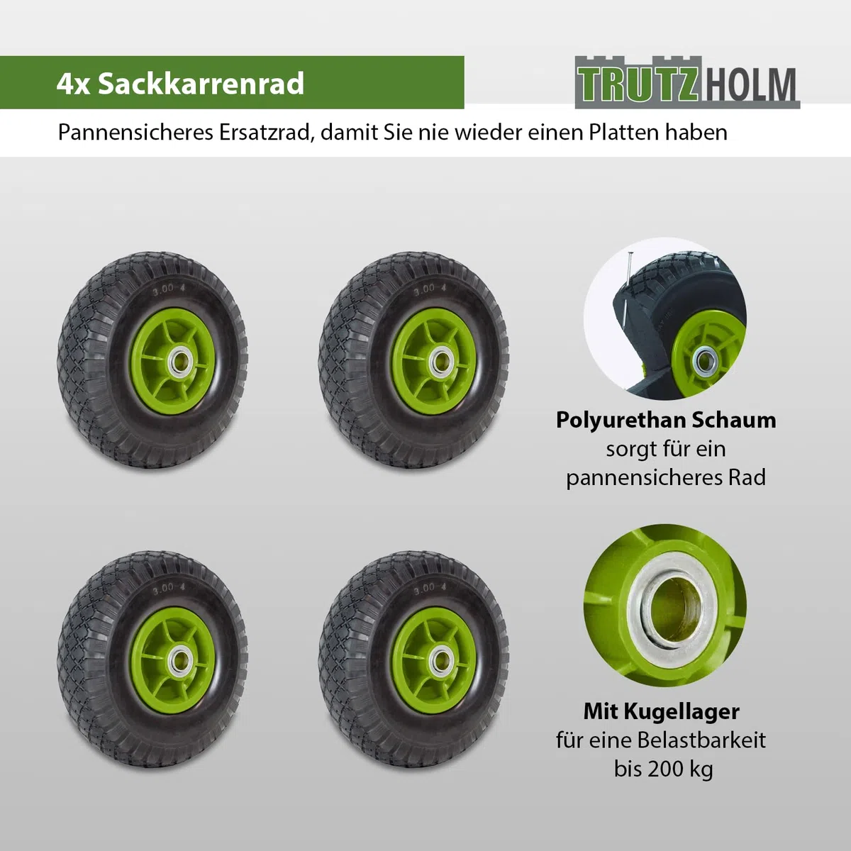 TRUTZHOLM 4X pannensichere Ersatzräder für Bollerwagen, Gartenwagen oder Sackkarre 260x85mm Vollgummi 3.00-4 PU Ersatzrad Rad Reifen 75mm Nabenlänge grün (Grün, versetzte 60 mm Nabe)