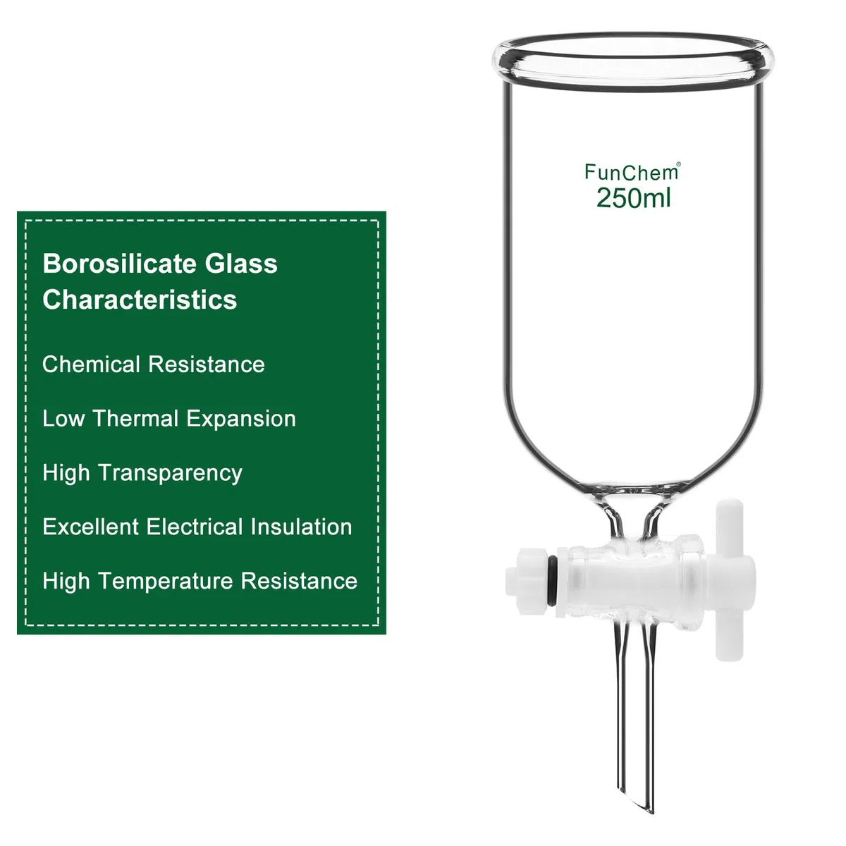 FunChem Tropftrichter mit Ptfe-hahn, 250 ml Borosilikatglas-labortropftrichter für Präzise Und Kontrollierte Flüssigkeitszugabe Bei Laborversuchen
