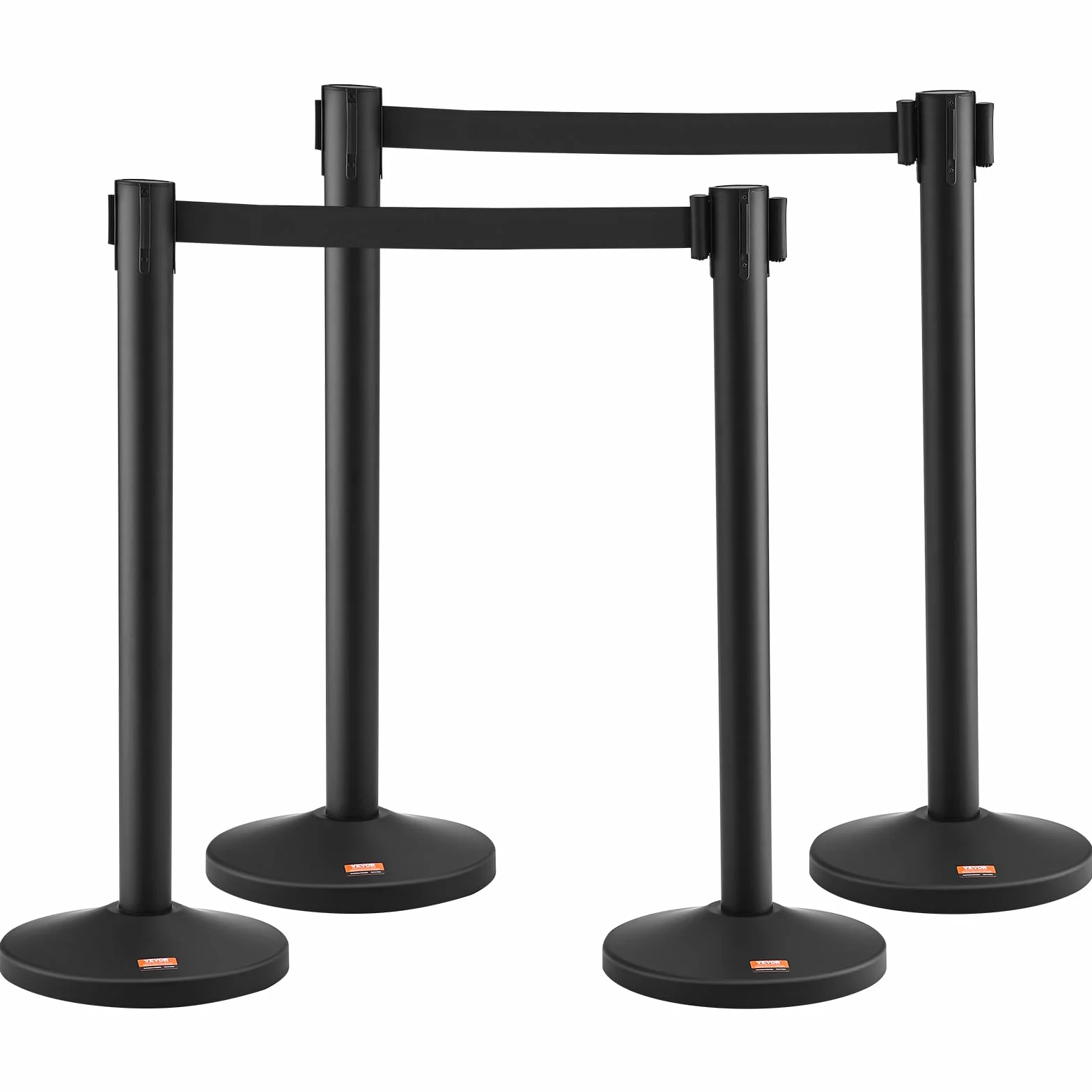 VEVOR Personenleitsystem Absperrband Absperrständer 4-teilig, 2 m x 48 mm Schwarzer Einziehbarer Gürtel, Personenleitsystem Befüllbarer Absperrpfosten Geeignet für Flughäfen, Messen, Wettkampforte