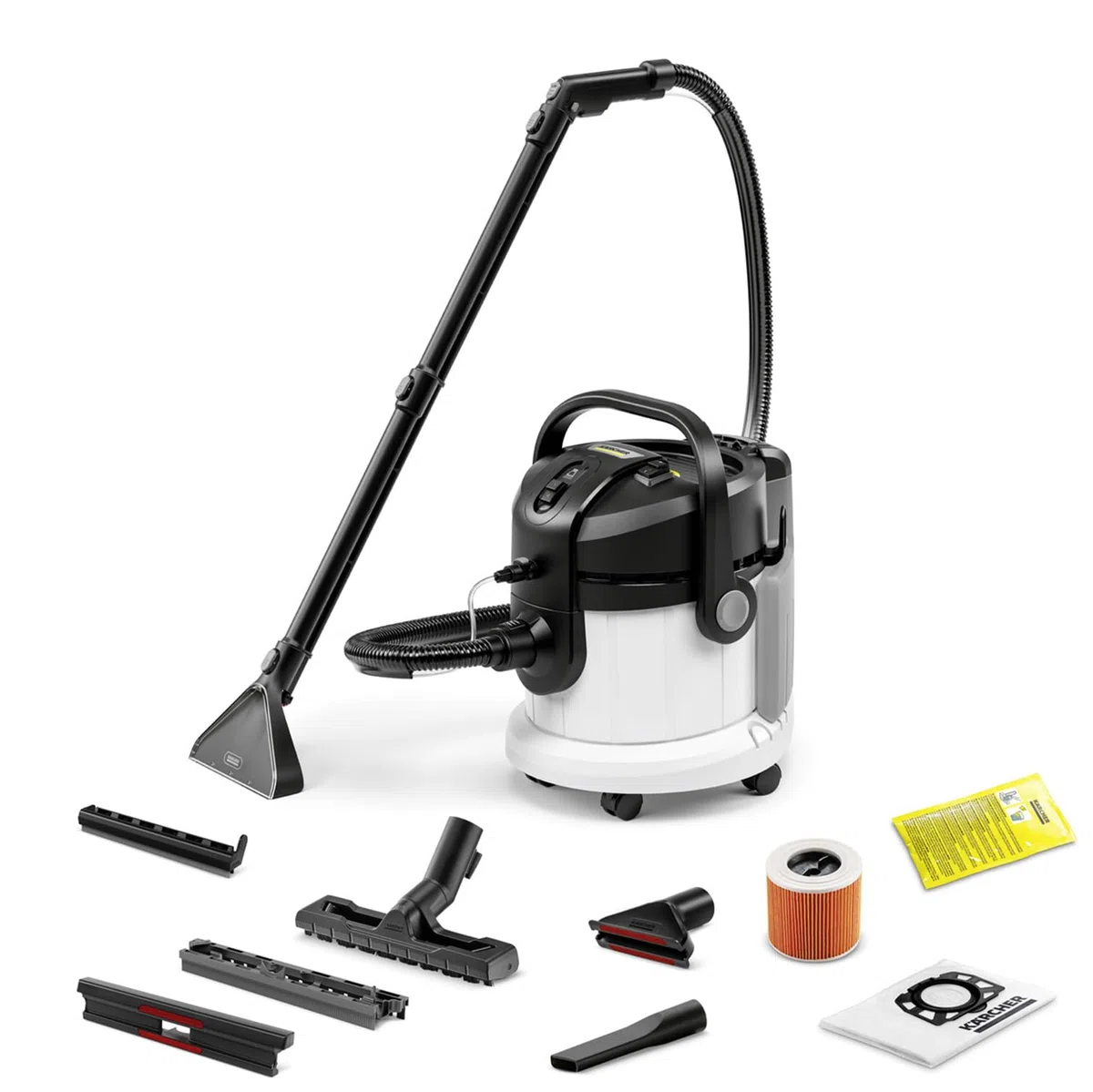 KÄRCHER Waschsauger SE 4, 2-in-1-Sprühsaugschlauch, Frisch- und Schmutzwassertank: 4 l,Waschbodendüse mit Hartbodenaufsatz, Clip-Bodendüse mit Hartboden- und Teppicheinsatz, Polster- & Fugendüse