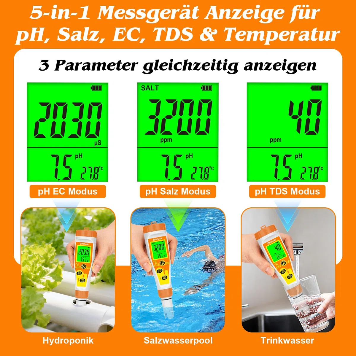 UIUZMAR Pool pH Messgerät und Salzgehalt Messgerät für Salzwasserpools, Digitales Poolwassertester mit 12.88 mS/cm Kalibrierlösung, 5 in 1 pH Salz EC TDS Messgerät für Aquarium, Whirlpools, Hydroponik