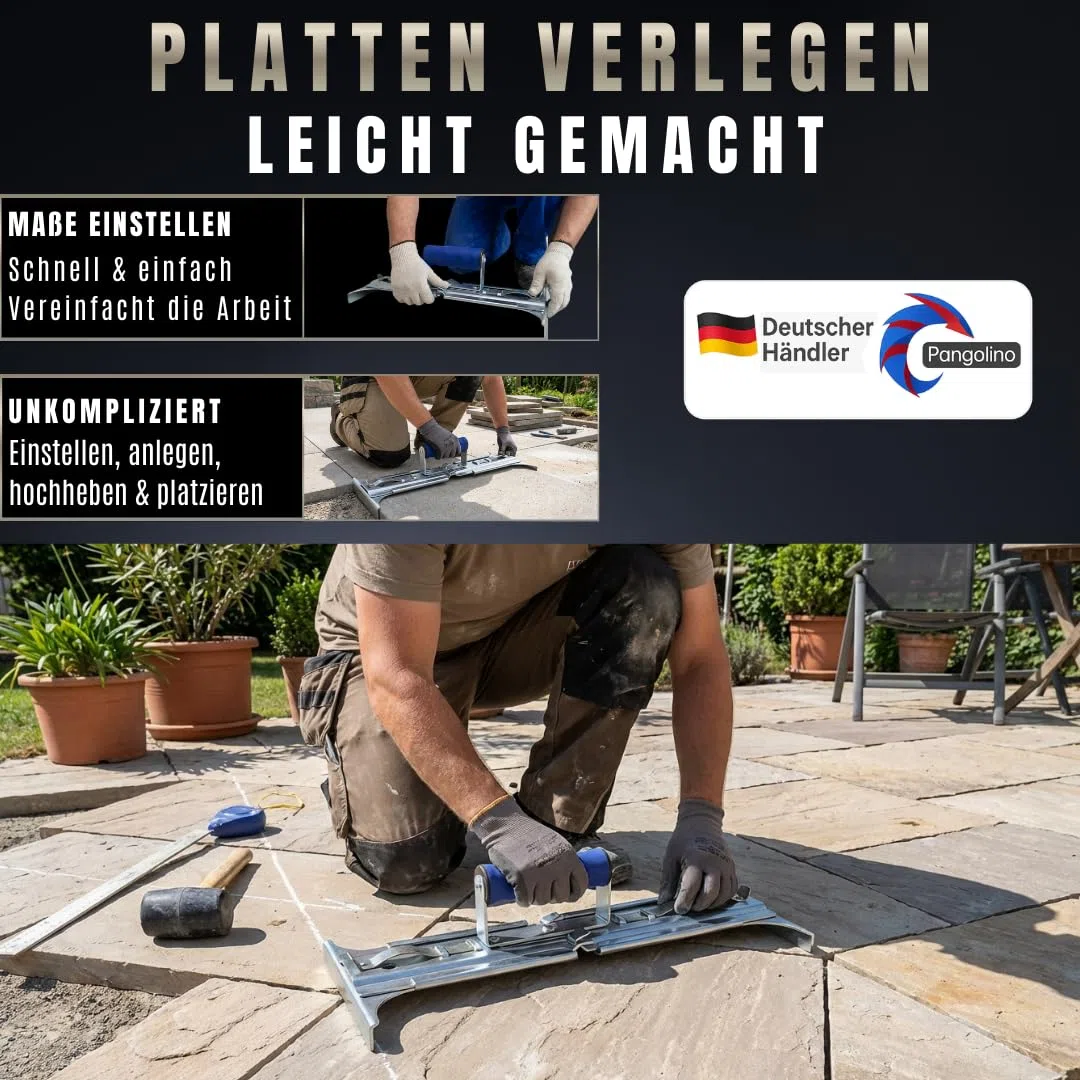 PANGOLINO Plattenheber verstellbar 30–50 cm | 6-stufig | Verlegewerkzeug bis 30 kg | Für Terrassenplatten, Betonplatten, Gehwegplatten, Fliesen & Naturstein | Ergonomischer Griff
