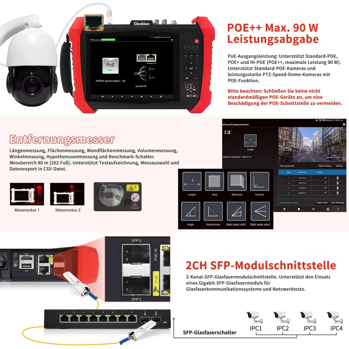 Henkion IPC CCTV Tester H20-MOVTADHSEF 8K 32MP 12MP IP Kamera Test POE++ Max 90W HD Kameratester 8MP TVI/CVI/AHD/SDI/CVBS DMM TDR WiFi Netzwerk Tools RJ45 Kabel Tester 2CH SFP Port HD VGA