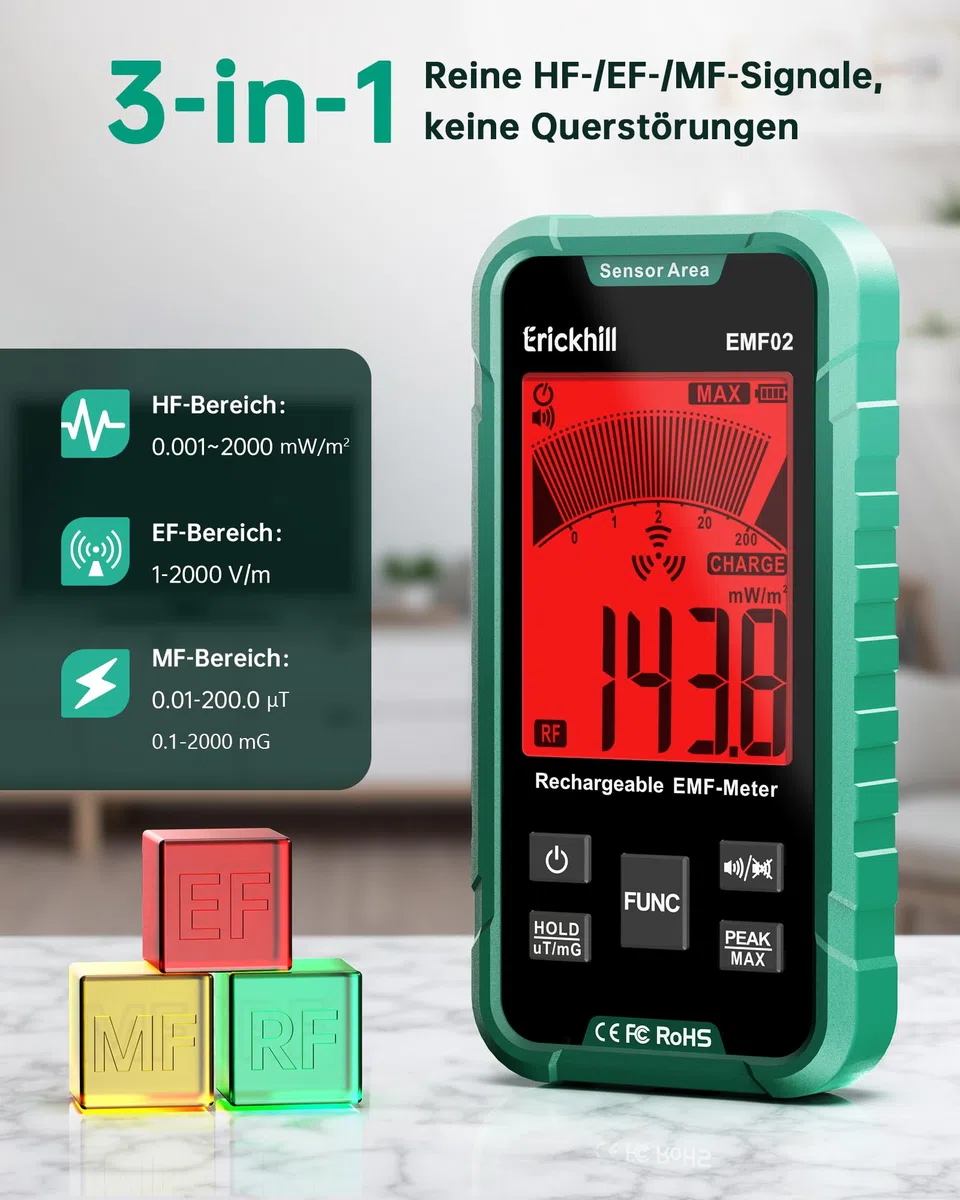 ERICKHILL EMF Messgerät, 3-in-1 Tragbares Elektrosmog Messgerät & Geisterjagd Equipment für RF, EF, MF & WLAN, Strahlungsmesser mit 3-Farben Alarm, Wiederaufladbarer Akku für Zuhause, Büro & Outdoor