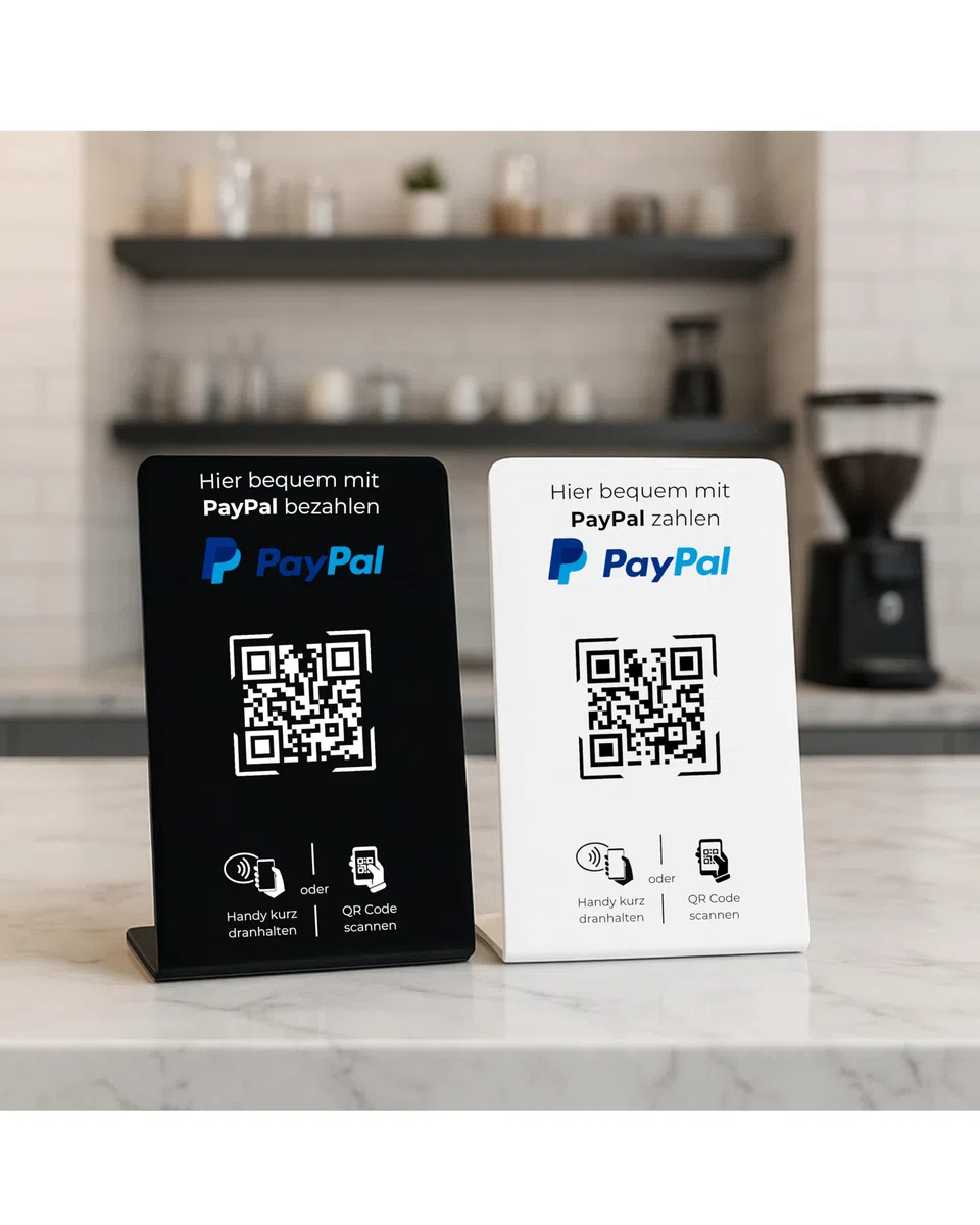 Aufsteller/Schild für PayPal-Zahlung mit QR-Code und NFC (16,5 x 10,5 cm) - weiß