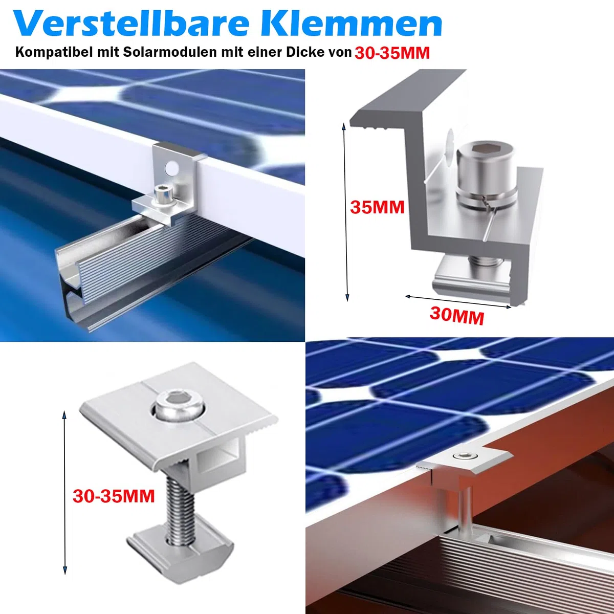 Warmfay Solar Halterung Ziegeldach Montageset, Erweitert Photovoltaik Montageschiene Dachhaken Solarpanel Halterung für 2 Module, Alu Solarmodul Halterung Ziegeldach Anwendbar Solarmodule Dick 30-35mm