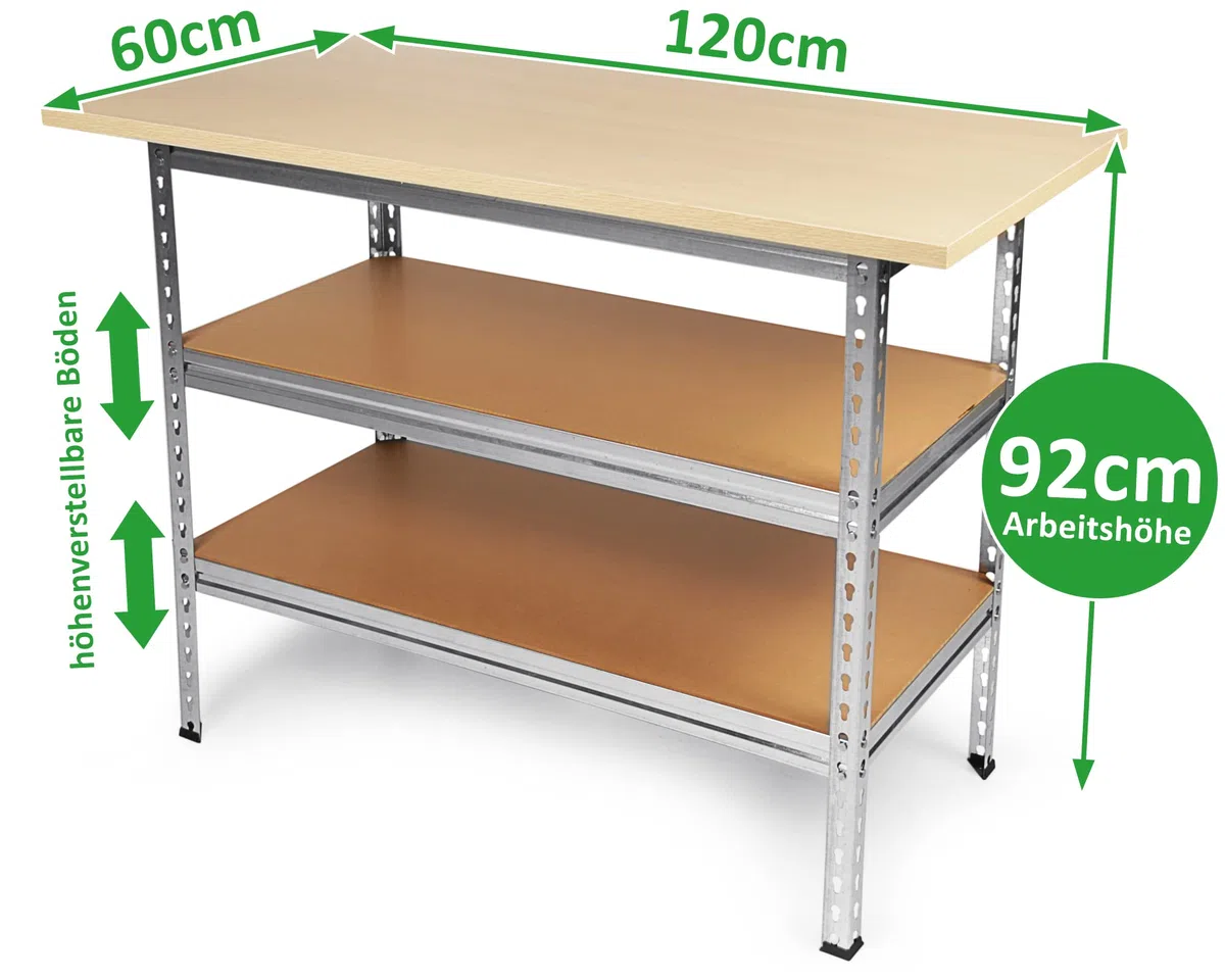 Ondis24 Werkstatt-Set Ecklösung Sparfuchs-Uwe 180 x 120 x 92 cm (H), 2X Werkbank aus Metall, melaminbeschichtete Arbeitsplatte, Problemlöser für Ecke
