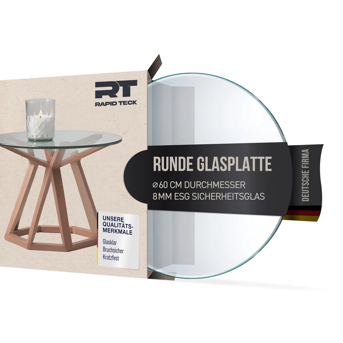 Rapid Teck® Glasplatte Nach Maß Rund 600 mm Klar | Tischplatte aus Gehärtetem Glas | 8 mm Dicke Glasscheibe für Tisch oder Kaminofenplatte | Hochwertige Tisch Glasplatte