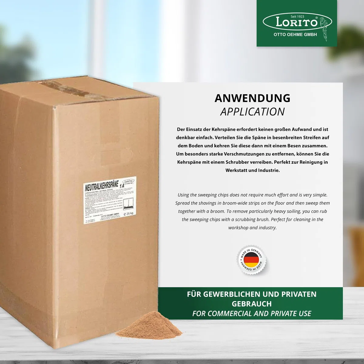 Lorito Neutralkehrspäne 25 kg, Kehrspäne staubbindend, Kehrmehl zur Bodenreinigung, Werkstatt und Industrie, Benzin, Fett und Öl binden