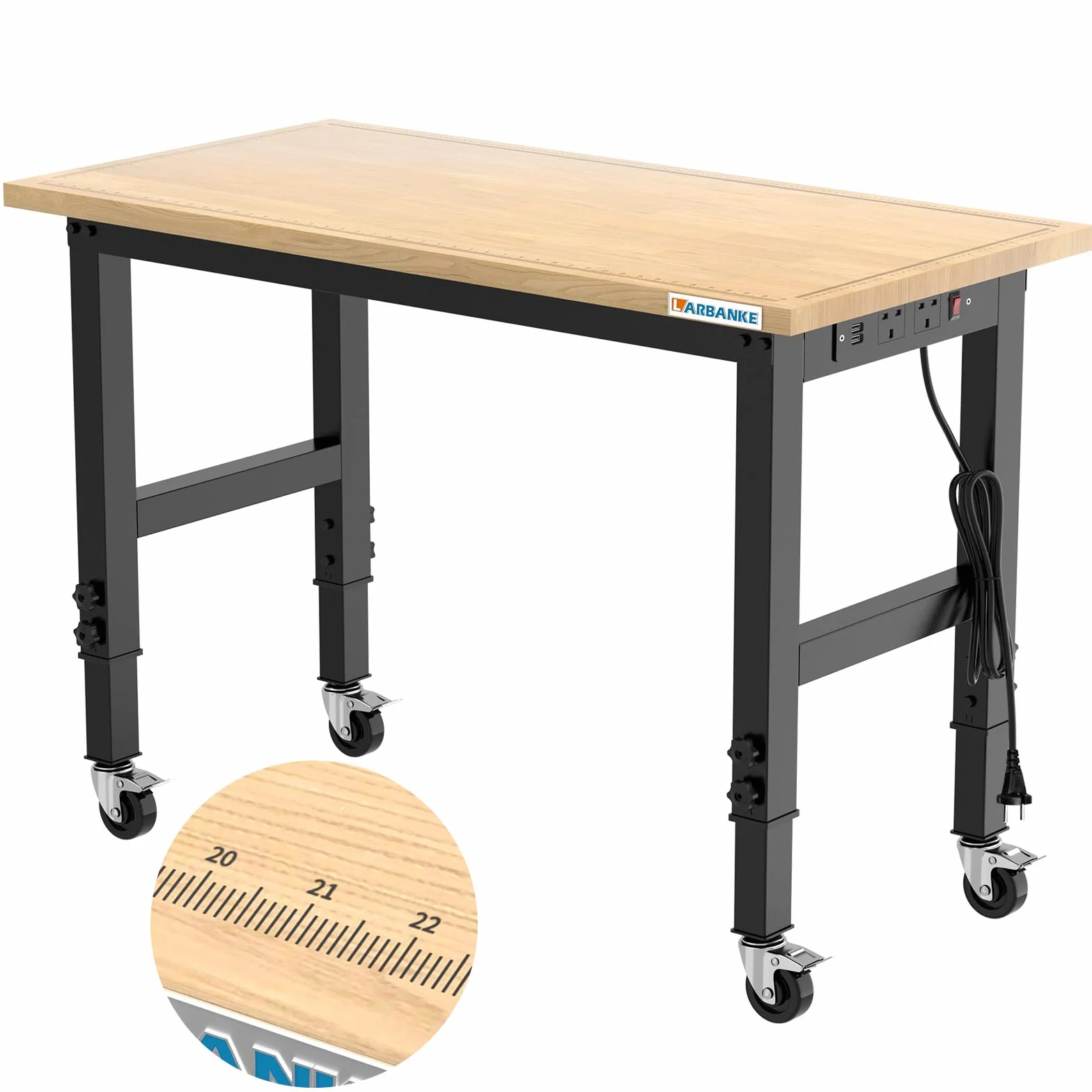 LARBANKE 120CM Schwerlast-Werkbank für die Garage,Gummi Holz Werkbank hat einstellbare 5 Verschiedene Höhen,Hartholz Arbeitstisch Gewicht Kapazität über 900KG,für Werkstatt,Garage, Büro,Haus