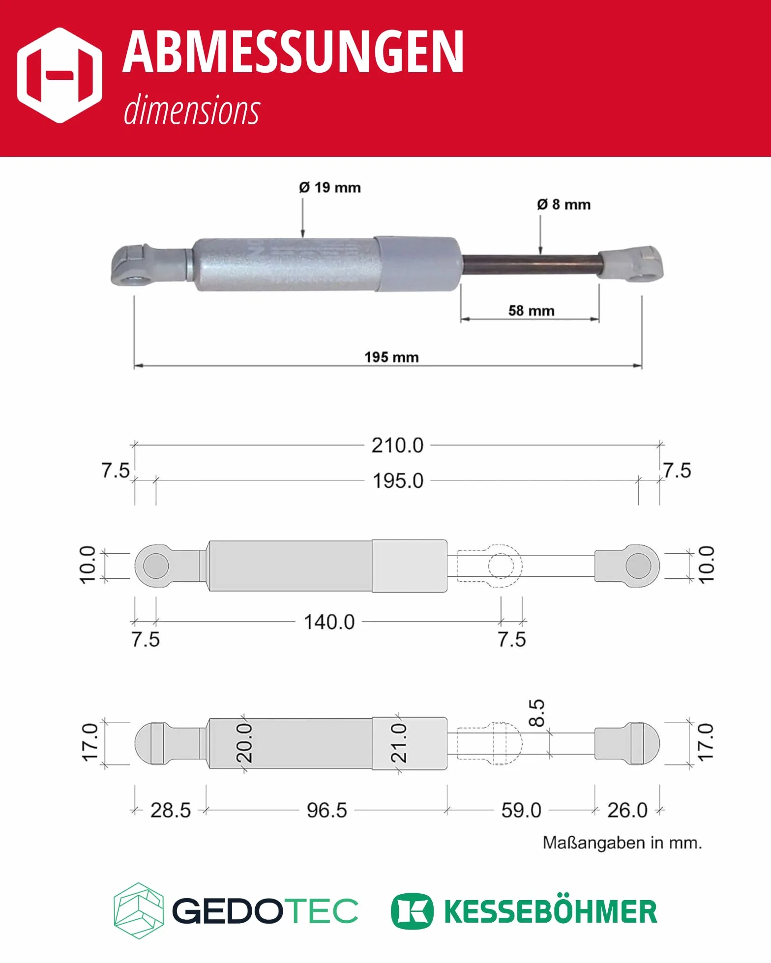 Gedotec 2x Gasdruckfeder 250N - Kesseböhmer Gasdruckdämpfer für HSB Hochschwenkbeschlag - Stoßdämpfer für Klappe, Schranktür & Küchenschrank, Kompressionsfeder mit Anleitung