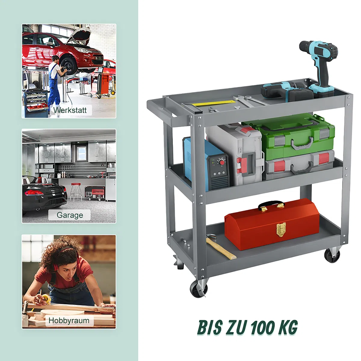Relaxdays Werkstattwagen, Werkzeugwagen mit 3 Ebenen, mobiler Montagewagen, bis 100 kg belastbar, HBT: 76x78x35 cm, grau