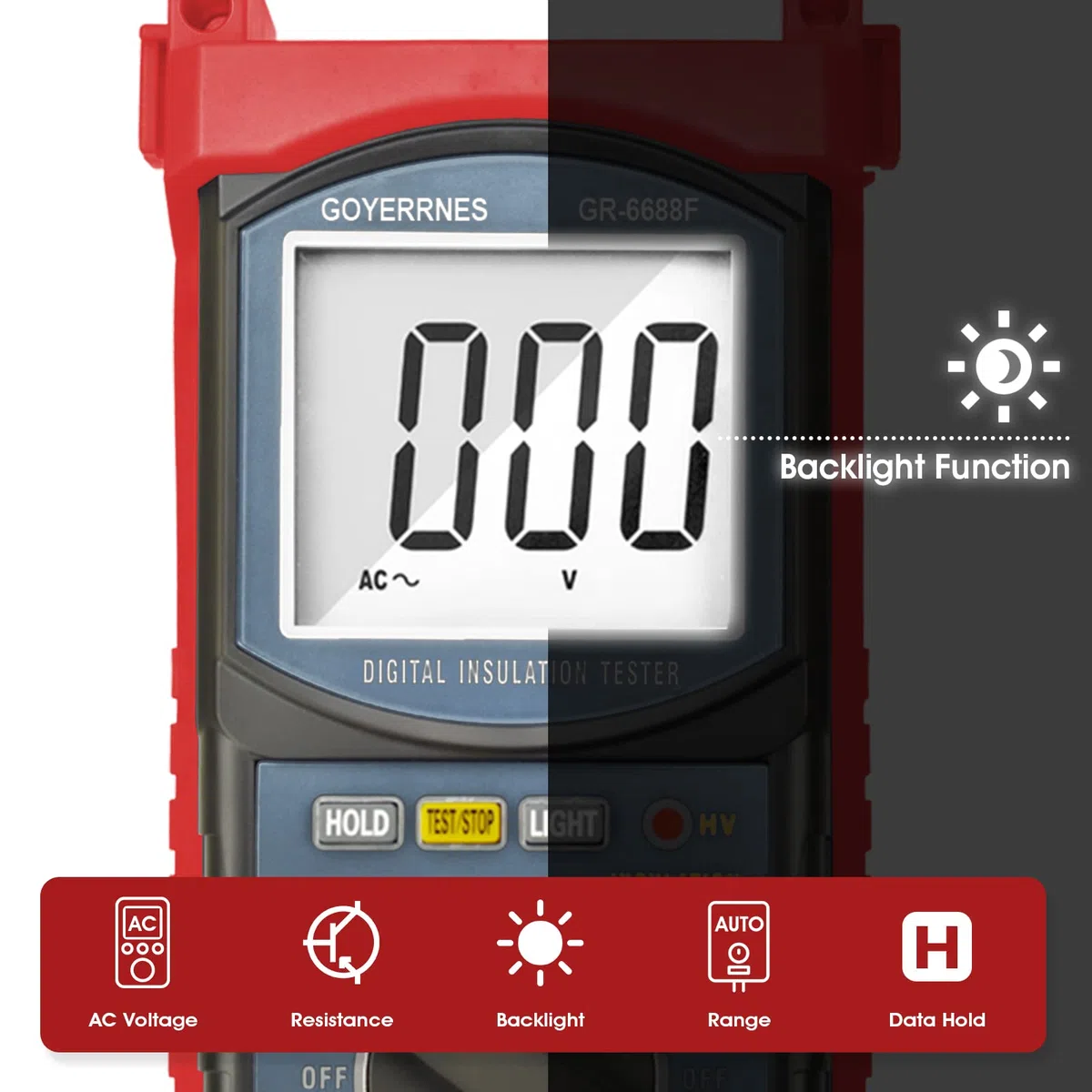 Digital Megohmmeter,GR-6688F Tragbares Megohmmeter,20G Ohm Digitale Isolationswiderstand mit Reichweite 250V/500V/1000V/2500V,Datenhaltung und Hintergrundbeleuchtung,Prüfung für Kabel Motoren