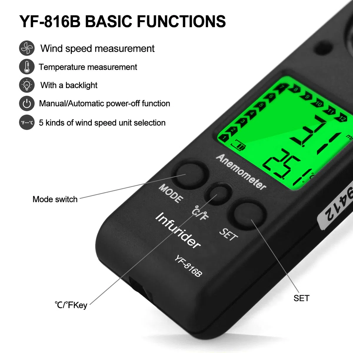 Windmesser,Digital Anemometer Handheld Windmessgerät Wind Speed Meter Gauge Air Flow Geschwindigkeit für Windgeschwindigkeitsmesser Lufttemperatur mit Hintergrundbeleuchtung Chill MAX AVG