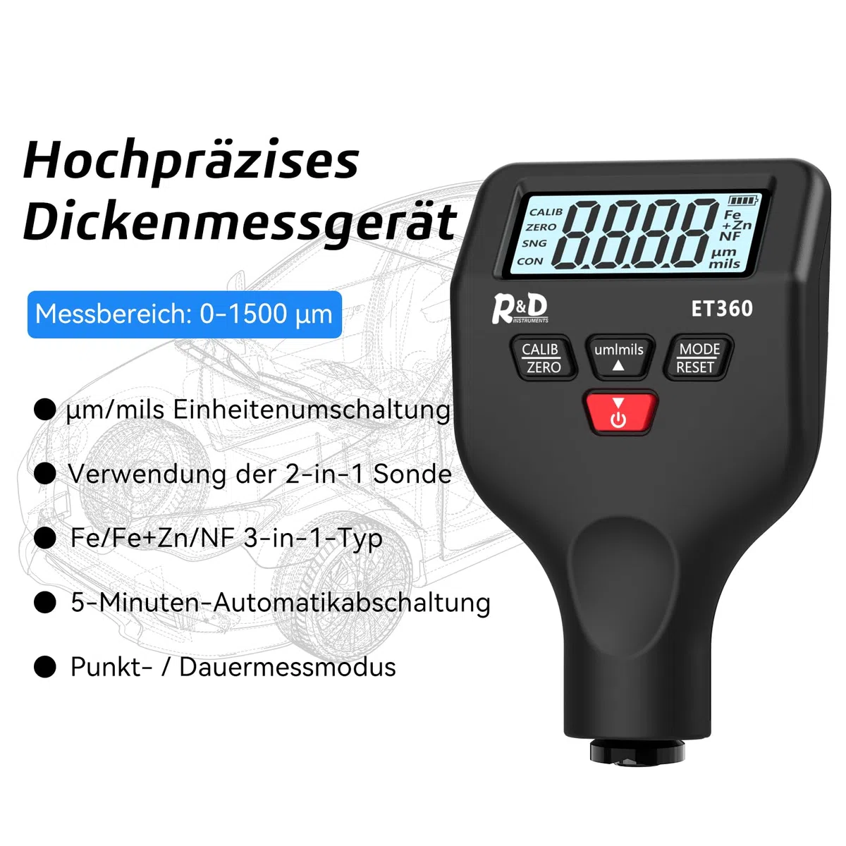 Lackmessgerät Auto RDINSCOS Schichtdickenmessgerät Autolack Lackdickenmessgerät für Auto Car Karosserie 0-1500μm LCD Display Für Eisen Aluminium und Zinkdetektion