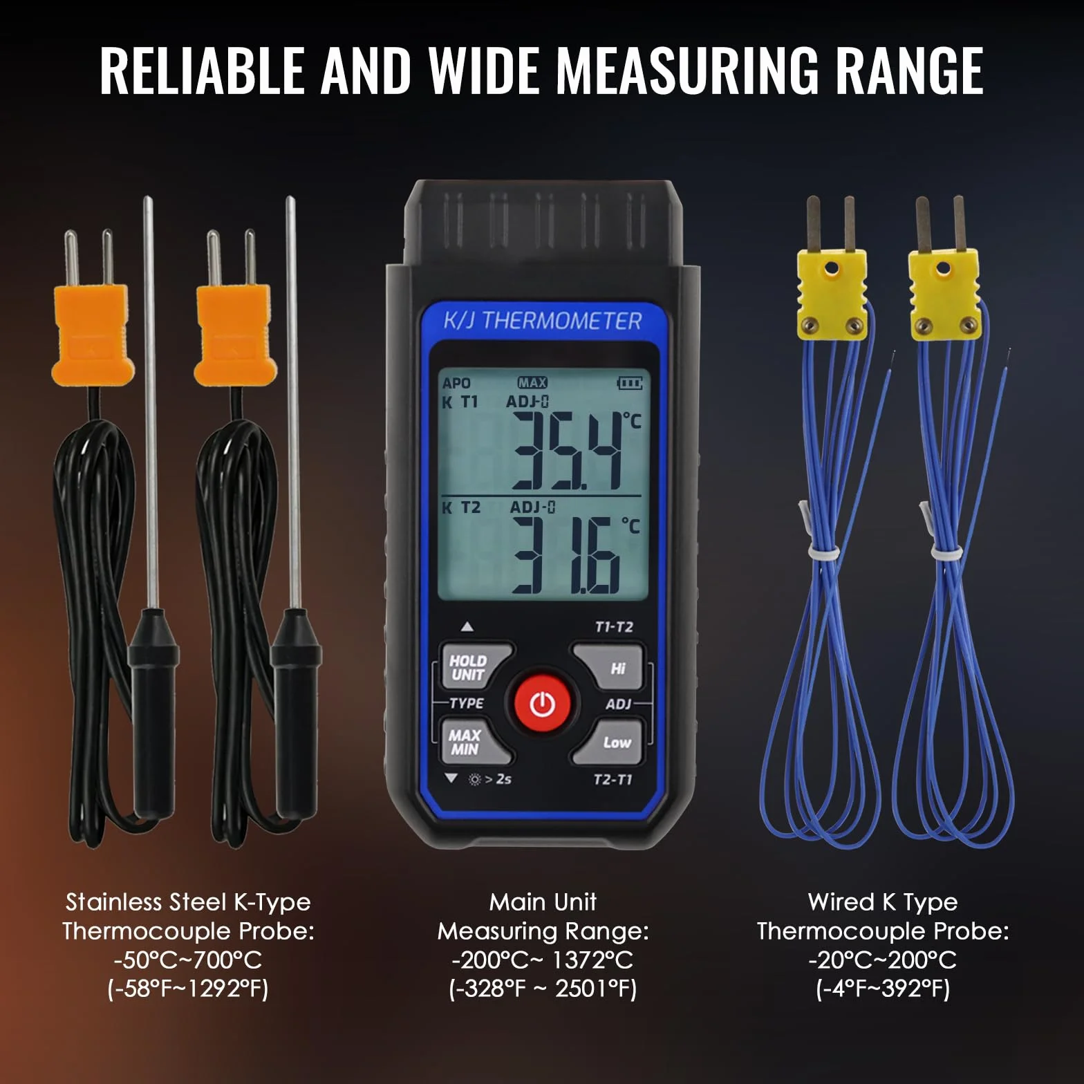 Thermoelement-Thermometer Digitales Zweikanal-Thermometer vom Typ K/J mit 4 Thermoelementen vom Typ K, -328~2501℉ Messbereich Temperaturmessgerät HVAC-Thermometer mit Alarm und ADJ-Kompensation