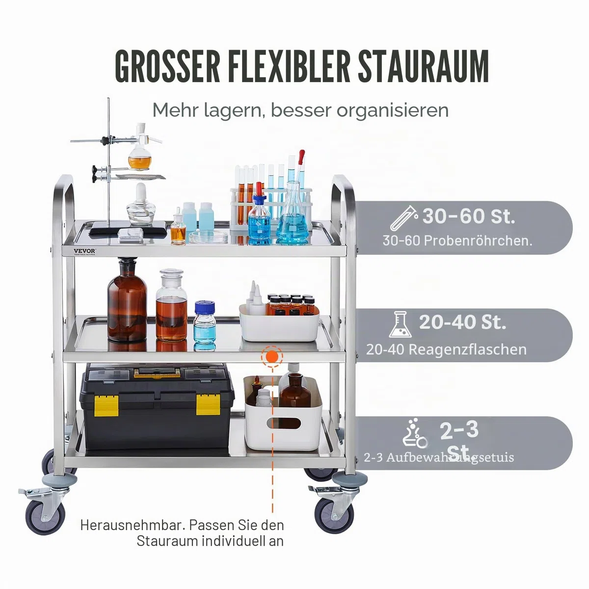 VEVOR Laborwagen Gerätewagen Medizintechnik Servierwagen 201 Edelstahl Tragbar Abräumwagen 100 kg Tragfähigkeit, 740 x 396 x 860 mm Labor Rollwagen Medical Trolley Dreifach-Design Silber