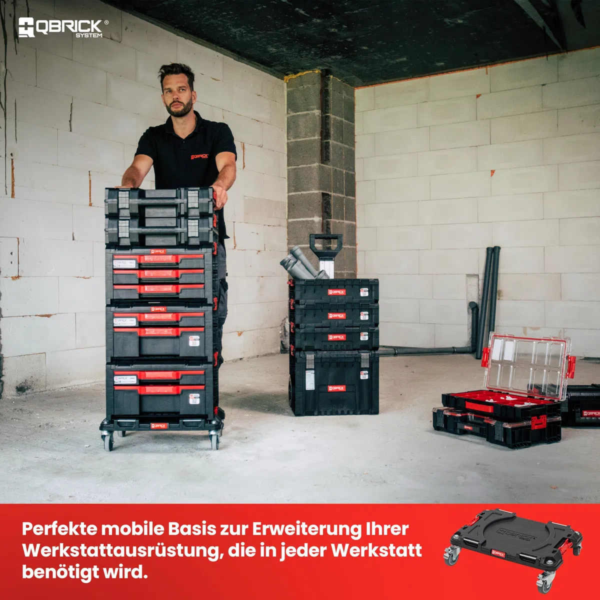 Qbrick System Transportroller Rollbrett Transportbrett 100 kg Tragkraft PRO Transport Platform Schwarz Rot 506 x 325 x 140 mm