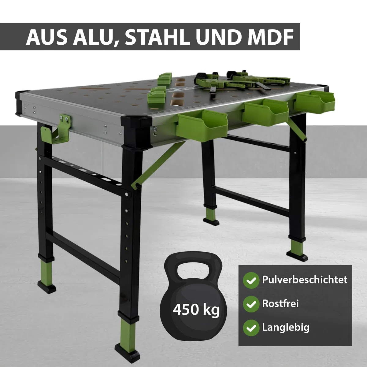 TRUTZHOLM Werkbank Multifunktionstisch Spanntisch 60 x 85 cm klappbar höhenverstellbar 73–90 cm Arbeitstisch mit Messskala, 450 Kg, 20mm Lochrastersystem, Werkzeugboxen, Schnellspannern