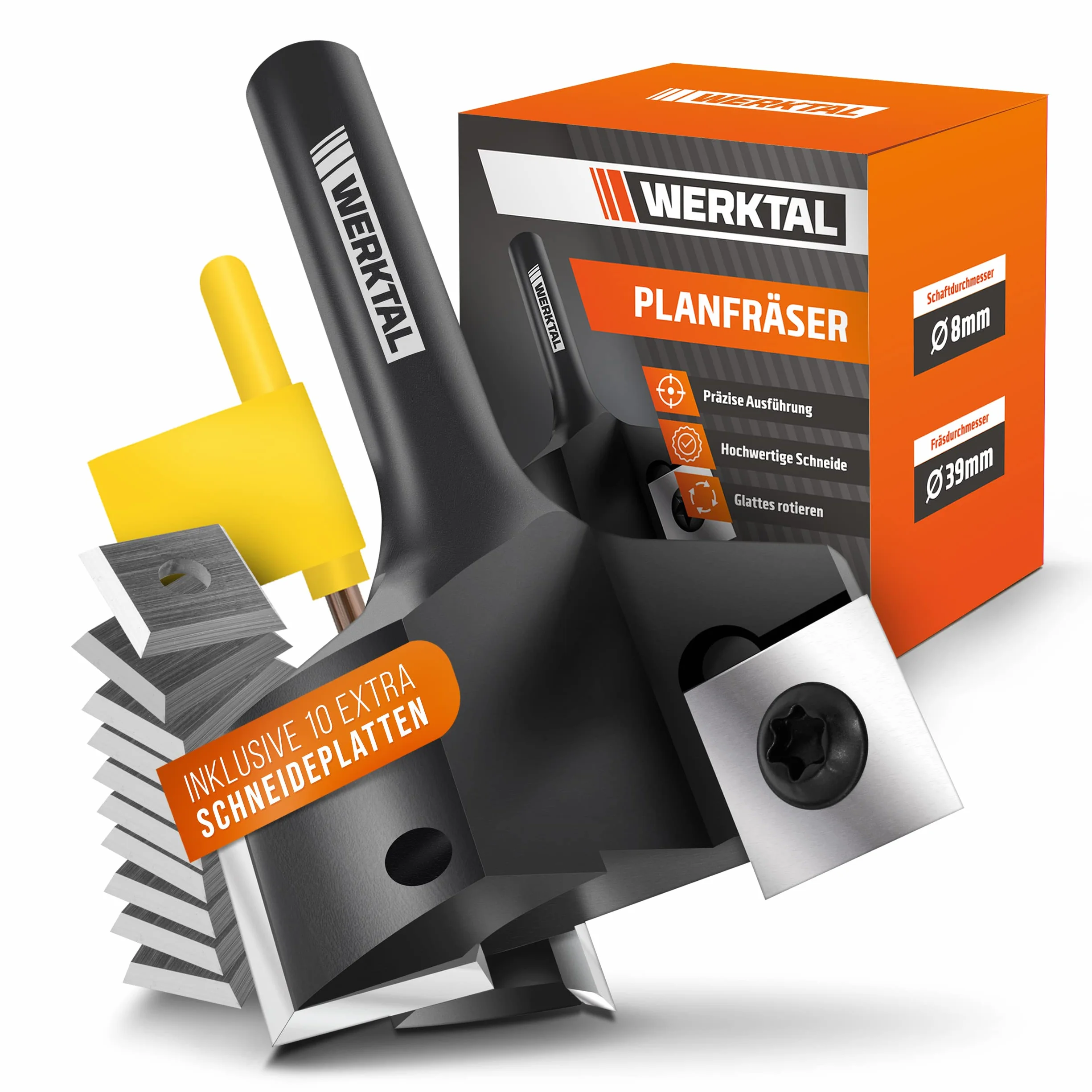 WERKTAL - Planfräser 8mm Schaft [39mm Durchmesser] - Präziser Hobelfräser mit 10 extra Wendeschneidplatten - Professioneller Planfräser für Oberfräse 8mm & CNC Fräse - Schaftfräser & Abrichtfräser