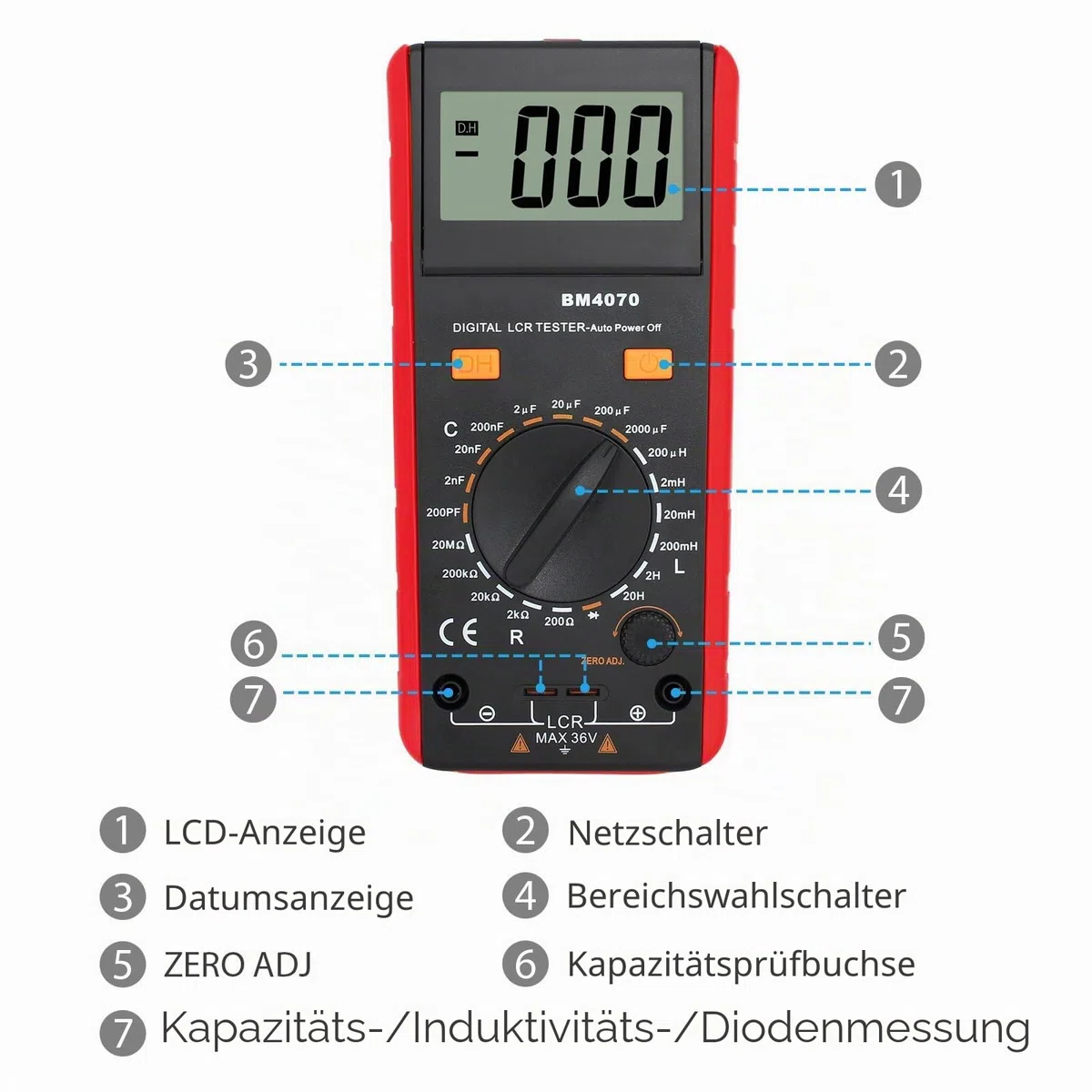 CMMWAY LCR Messgerät, Digitaler LCR Multimeter für Kapazitäts Induktivitäts Widerstand Diode Prüfen, LCR-Messgerät mit Umkehrbarer LCD Überspannung Anzeige, Krokodilklemme & Batterie