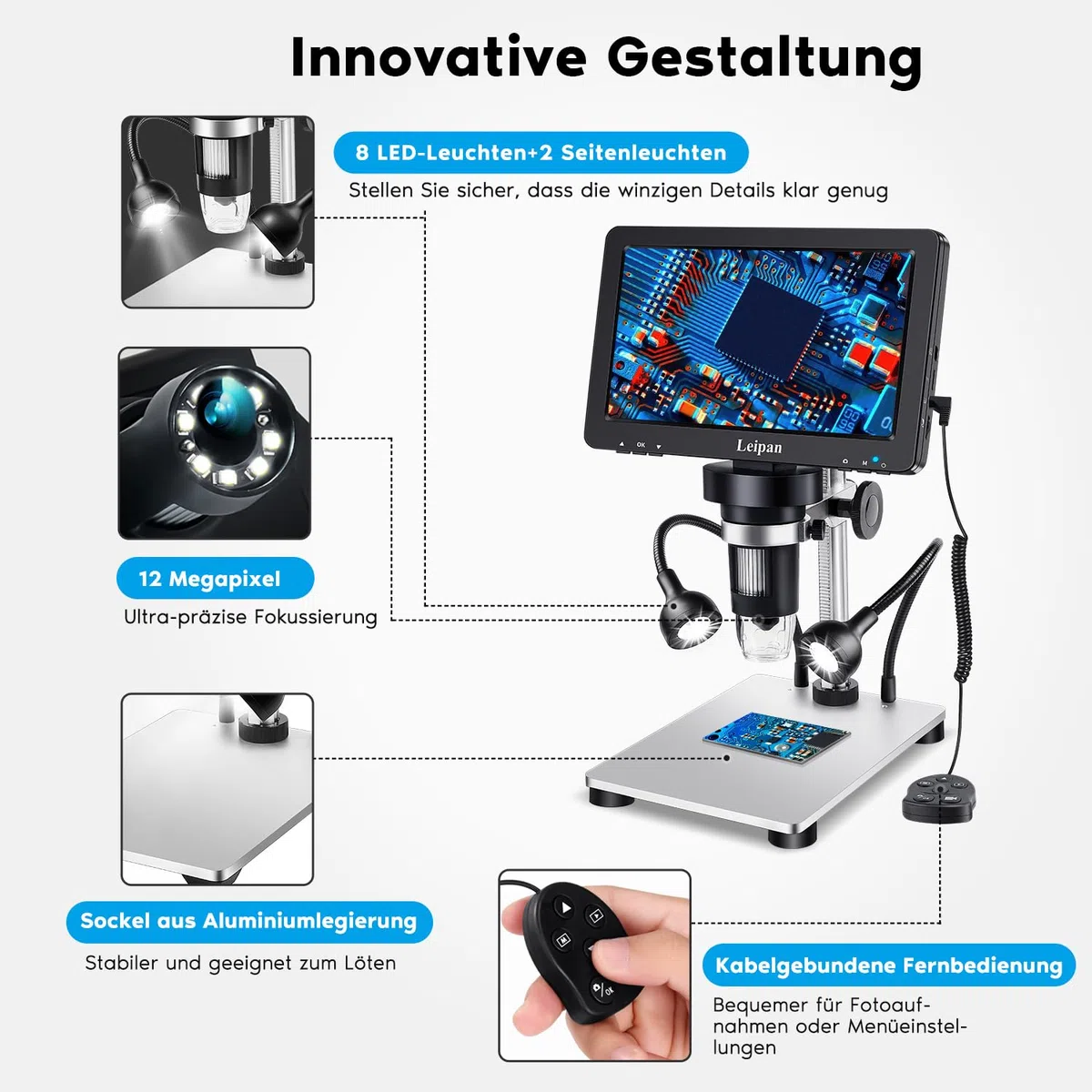 Leipan 7" LCD Mikroskop Digital 1200X mit Bildschirm, 12MP USB Microscope für 1080P Video, inkl., Beleuchtung & Fernbedienung, Kompatibel mit Windows/Mac OS