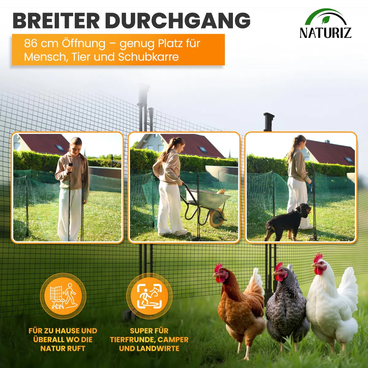 NATURIZ® Weidezaun Tor mit Einhand-Öffnung – mobiles Zauntor für Camping, Garten & Weide – Weidetor mit schnellem Auf- & Abbau, ohne Strom