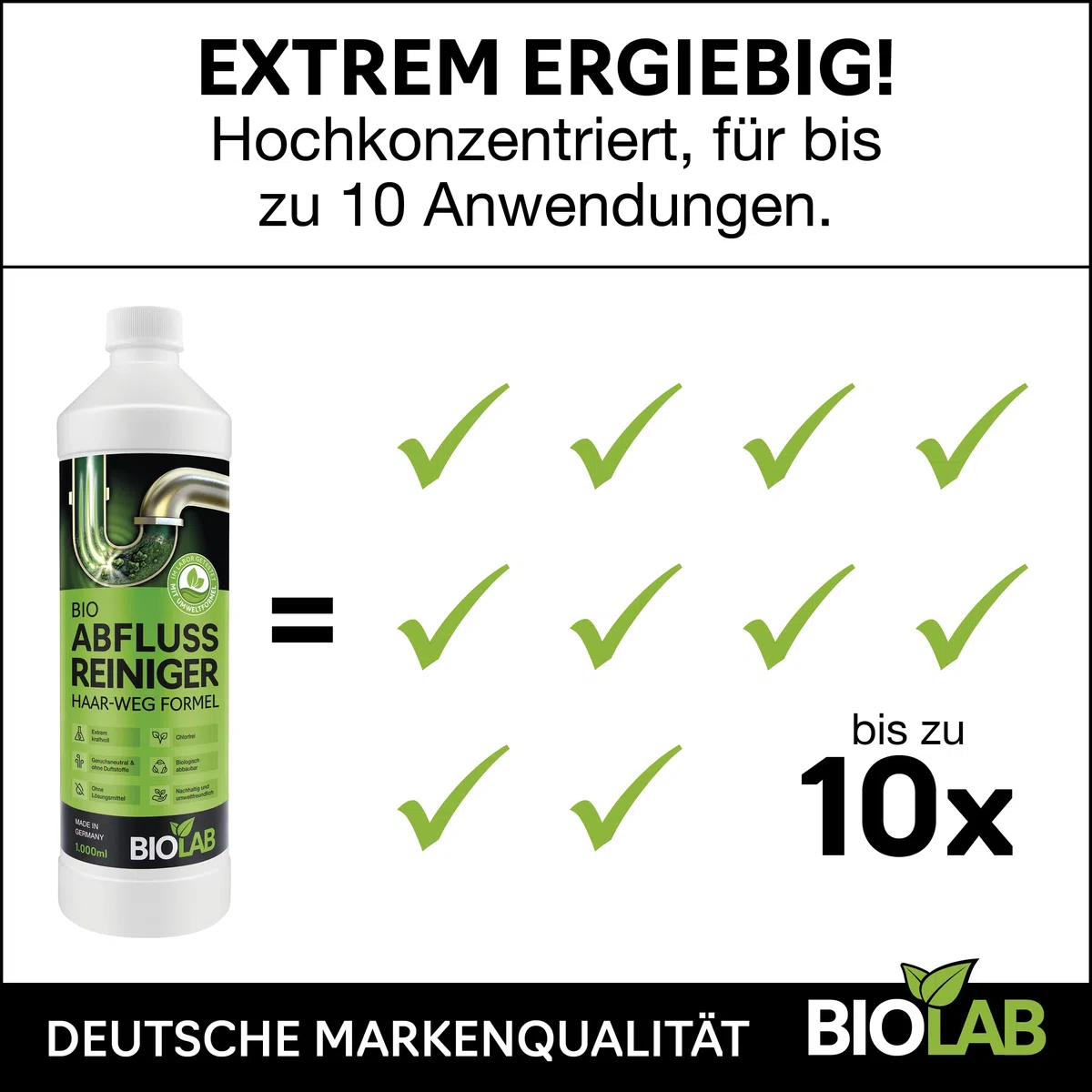 BIOLAB Abflussreiniger (2 x 1000 ml) Rohrreiniger mit Haarweg Formel – Extra Stark - Abflussfrei - Drain Free Abfluss Reiniger