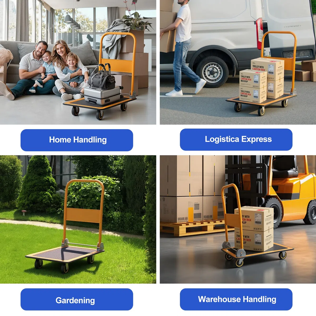Panana Plattformwagen, Transportwagen Klappbar mit 150 kg Tragfähigkeit - Transportkarre Handwagen Klapptransportwagen mit Lenkrollen & Feststellbremse für Transport und Lagerung (Orange/Schwarz)