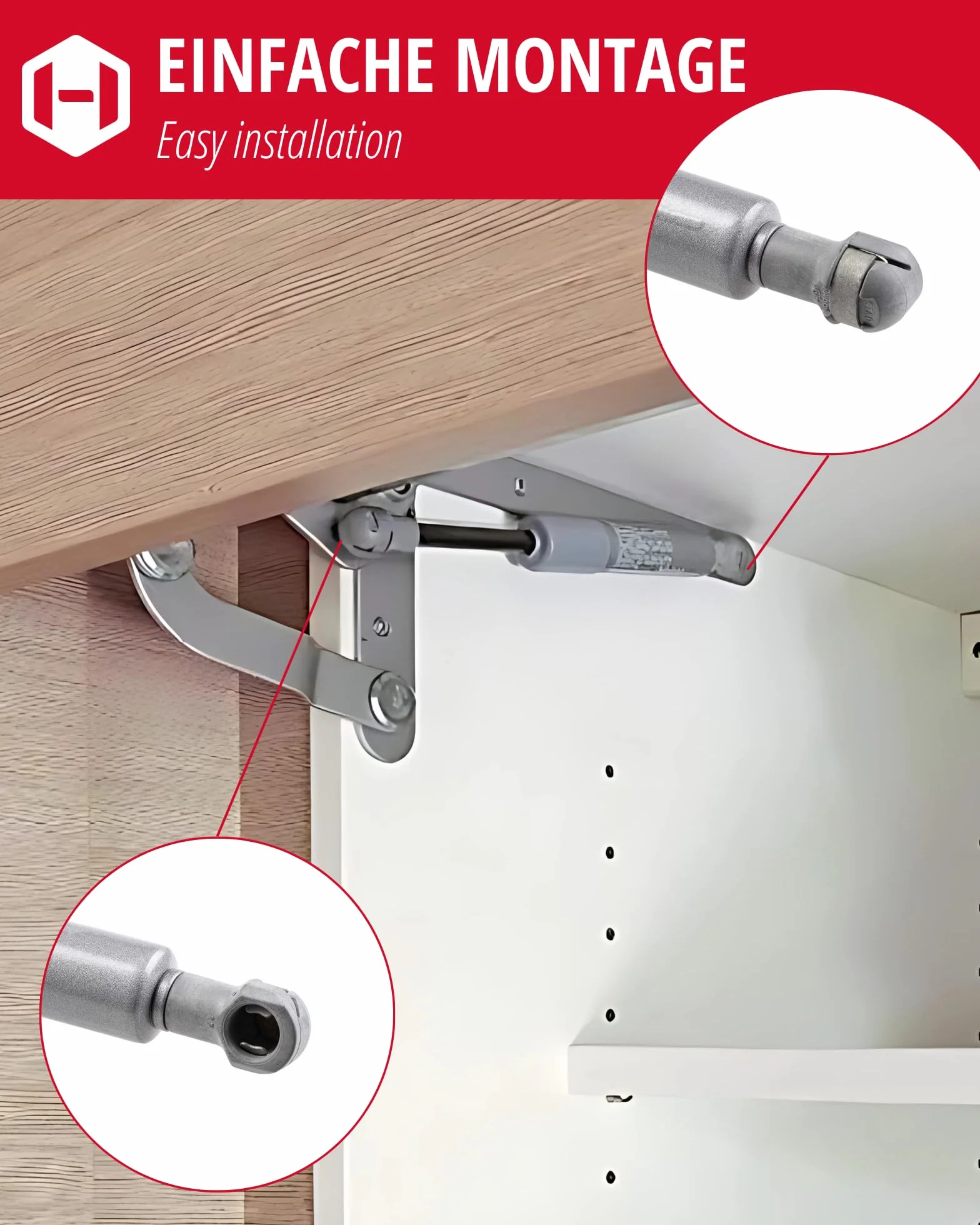 Gedotec 2x Gasdruckfeder 250N - Kesseböhmer Gasdruckdämpfer für HSB Hochschwenkbeschlag - Stoßdämpfer für Klappe, Schranktür & Küchenschrank, Kompressionsfeder mit Anleitung