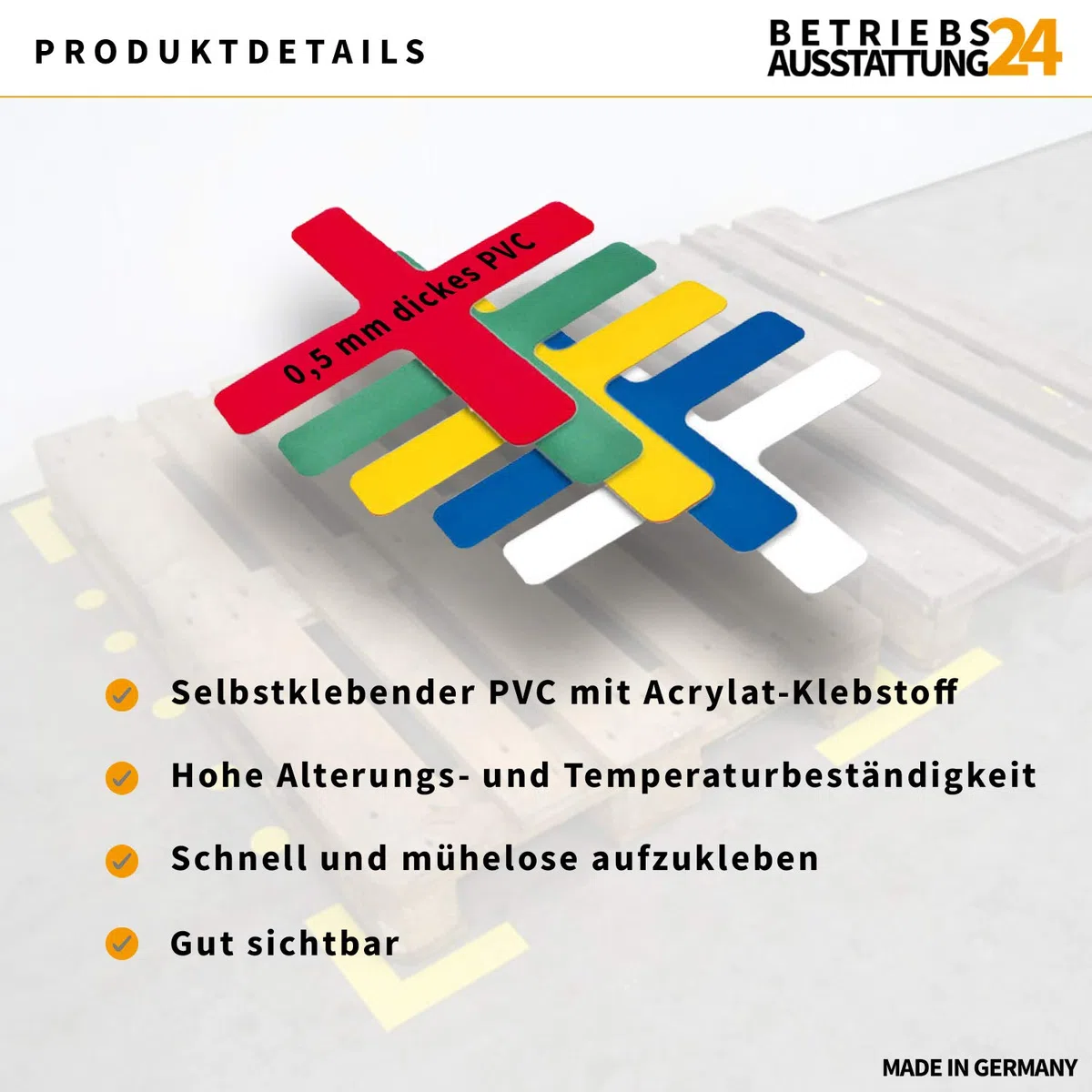 Stellplatzmarkierung - TYP L-Stück - PVC-Folie, selbstklebend - 25 Stück VE - Maße 5,0 x 20,0 x 20,0 cm - gelb - zur Lagerplatzkennzeichnug - sofort befahrbar