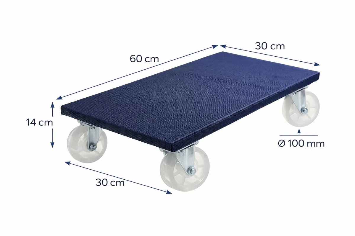 SWV Möbelroller Transportroller 600 x 300 mm, 500 kg, Antirutschbelag, Multiplex-Holz 18 mm, 4 Lenkrollen Ø100 mm, blau
