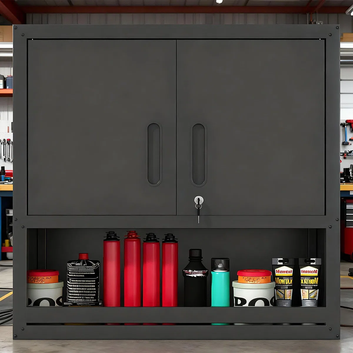 Wandmontierbarer Metall-Werkzeugschrank 77x75x30 cm | Abschließbarer Hängeschrank mit Verstellbarem Einlegeboden & Offenem Schub | Rostfrei für Garage, Lager, Büro, (Schwarz)