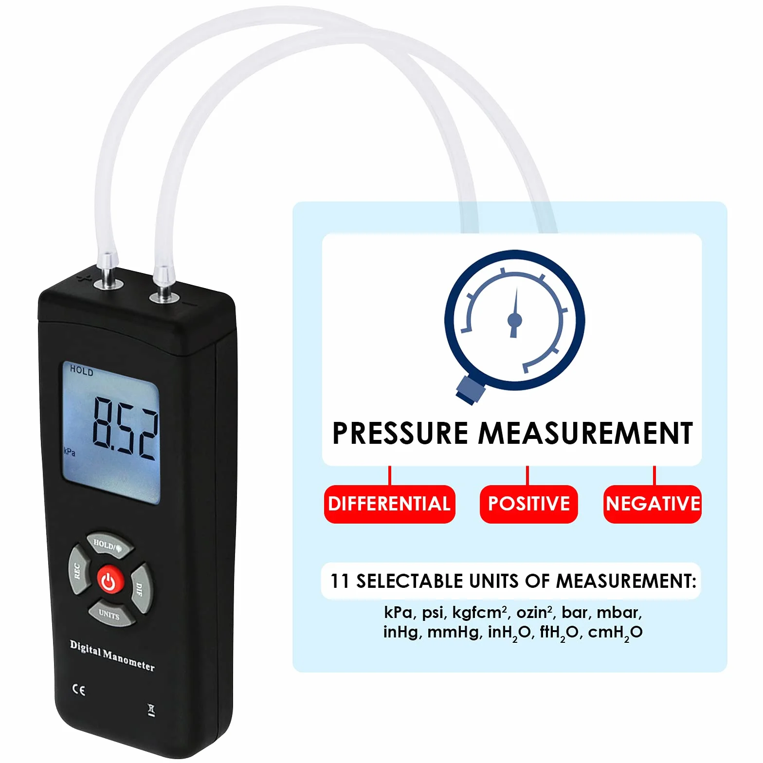 Digital Manometer Luftdruck-Messgerät Gasdruckmessgerät mit hoher Genauigkeit 11 Einheiten Speichern oder Halten Hintergrundbeleuchtung