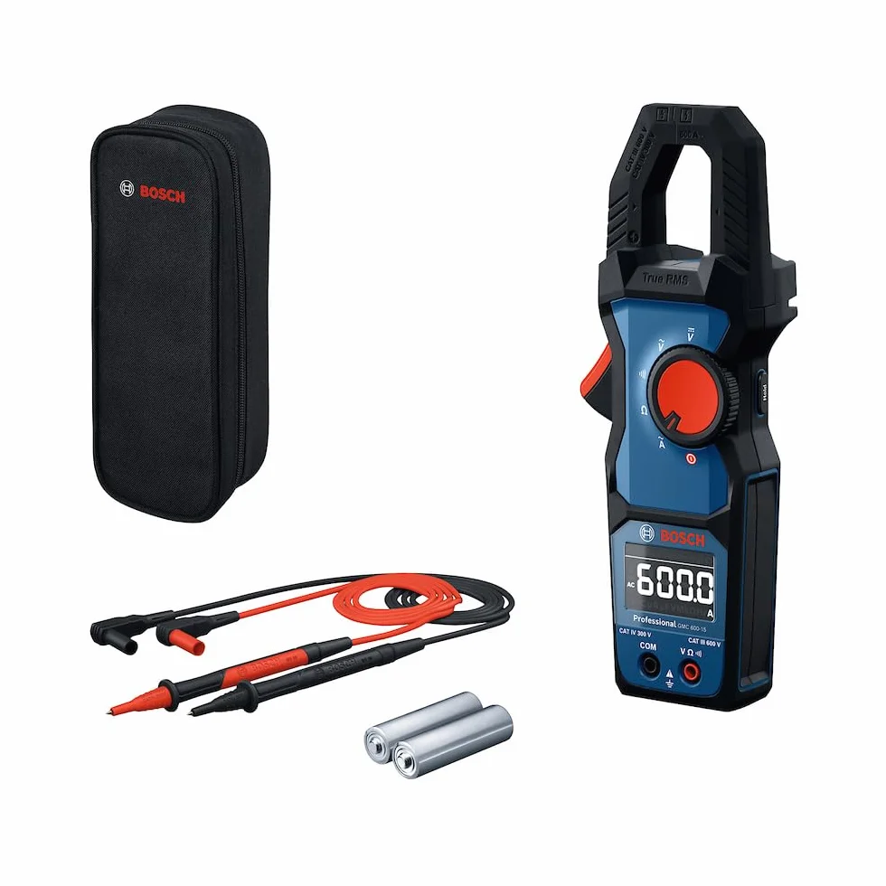 Bosch Professional Stromzange GMC 600-15 (True RMS Stromzange, Wechselstrom bis 600 A, Spannung bis 600 V AC/DC, 2 x 1,5 V LR06 (AA), Messstreifen MS 90, Tasche)