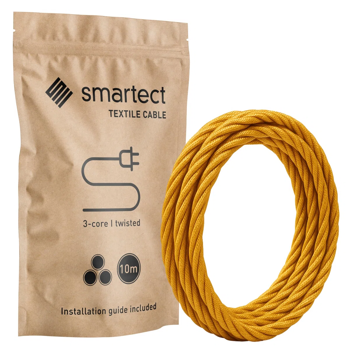 smartect Textilkabel Gold, 10 Meter Vintage Lampenkabel Stoff Gedreht, 3-Adrig (3 x 0.75 mm²) Stromkabel Textilummantelt für eigenes DIY Projekt
